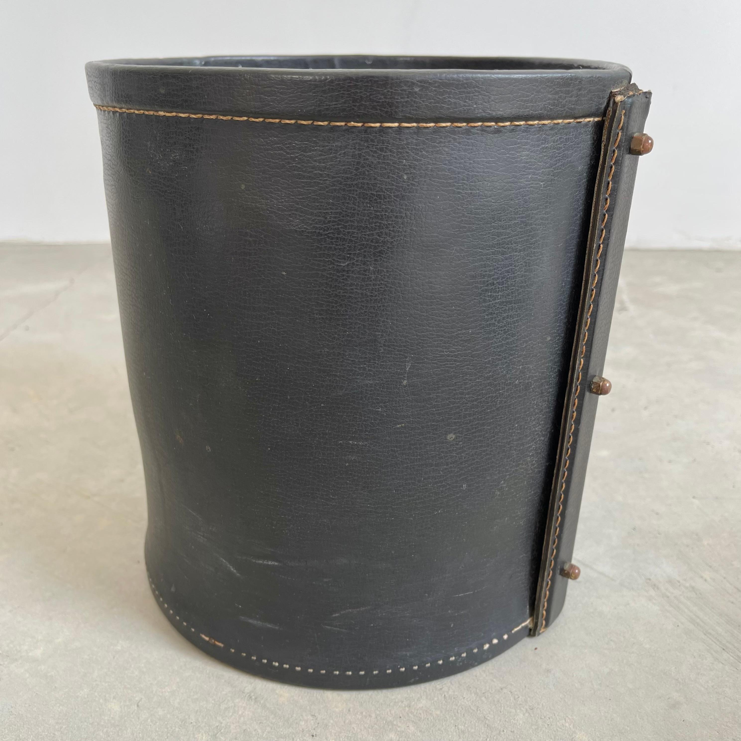 Jacques Adnet Leather and Brass Waste Basket 1
