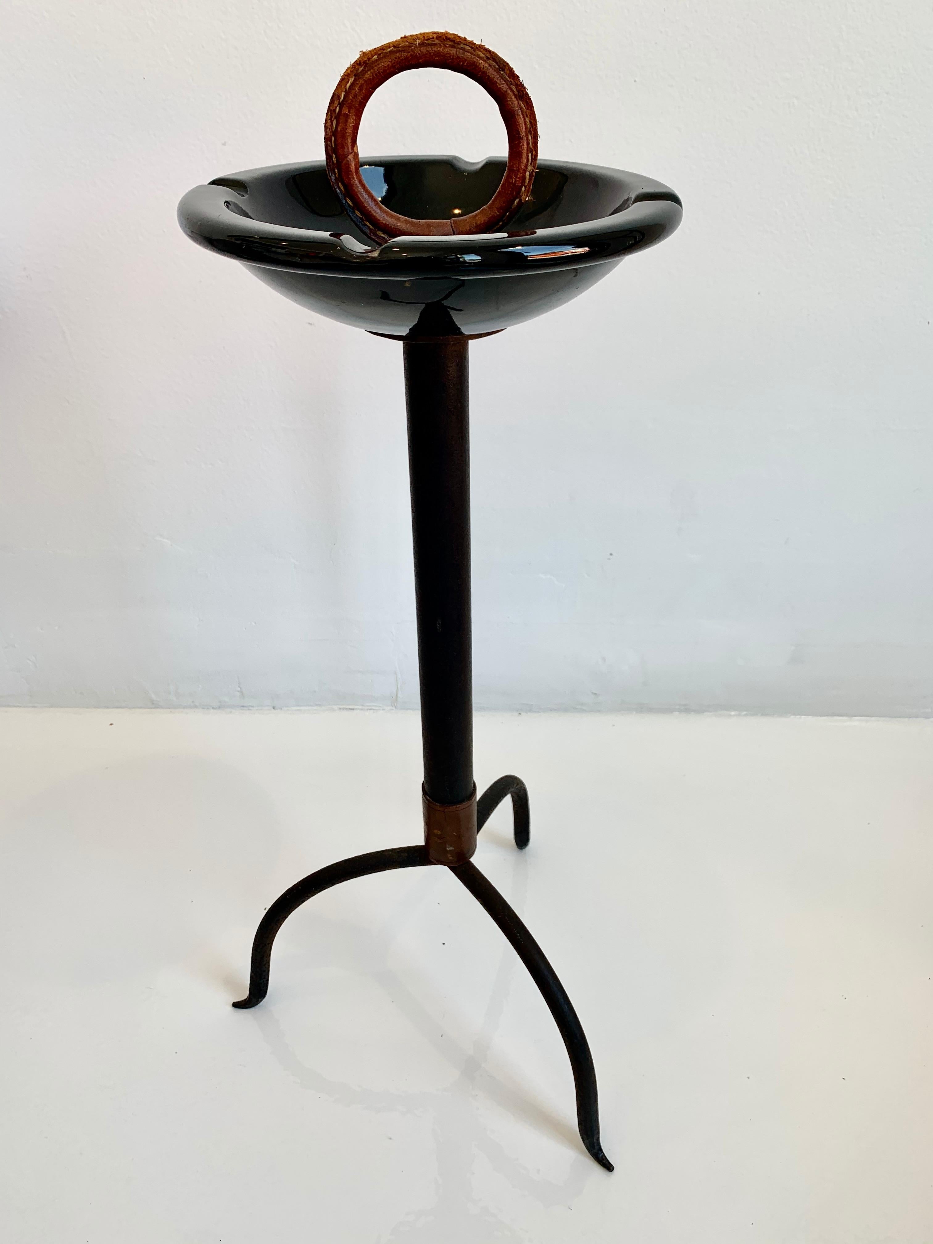 French Jacques Adnet Leather and Ceramic Catchall / Ashtray