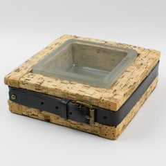 Jacques Adnet Leather and Cork Glass Ashtray Catchall Desk Tidy