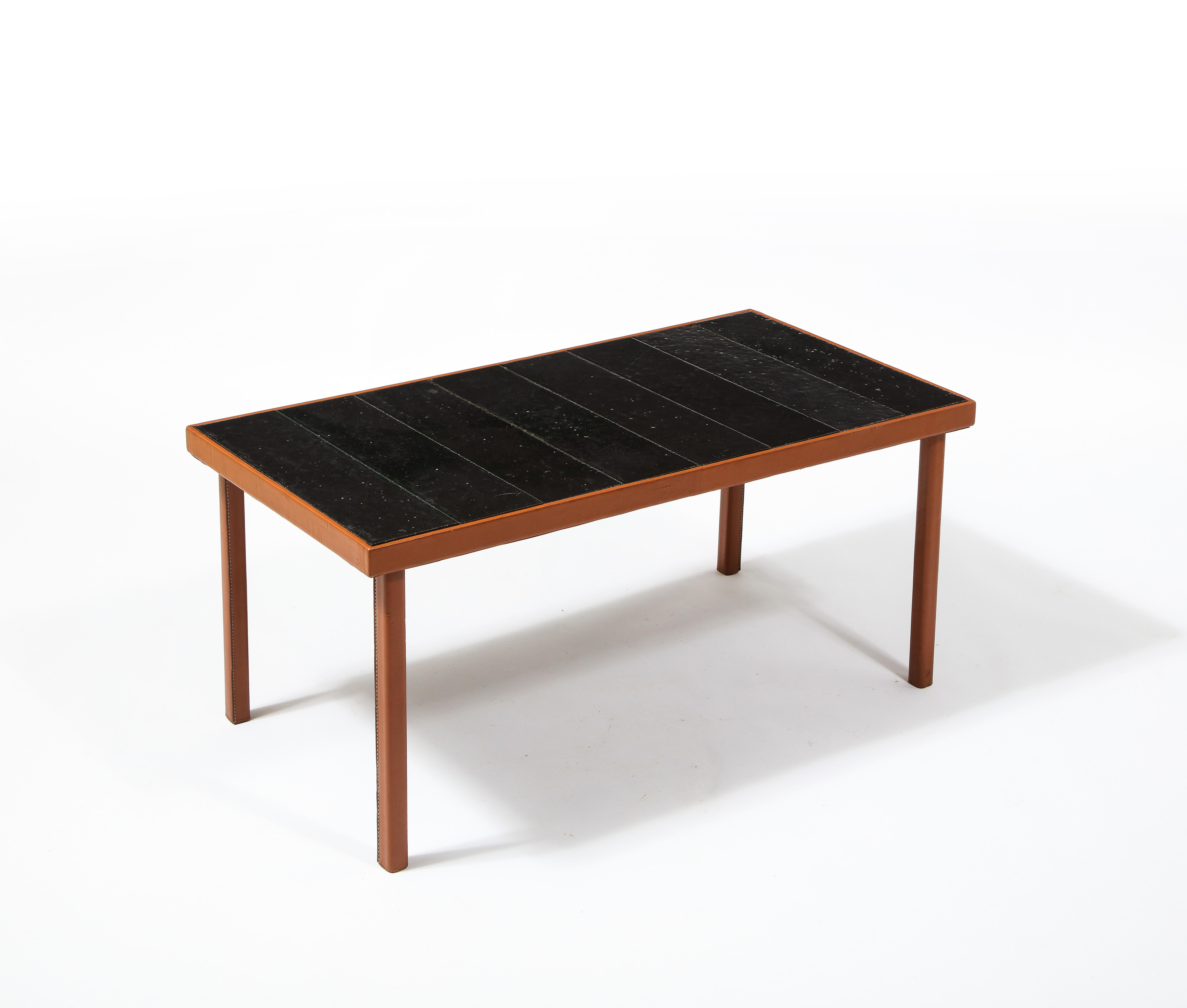 Steel Adnet Style Leather & Dark Jouve Style Lava Stone Tiles Table, France 1950's For Sale