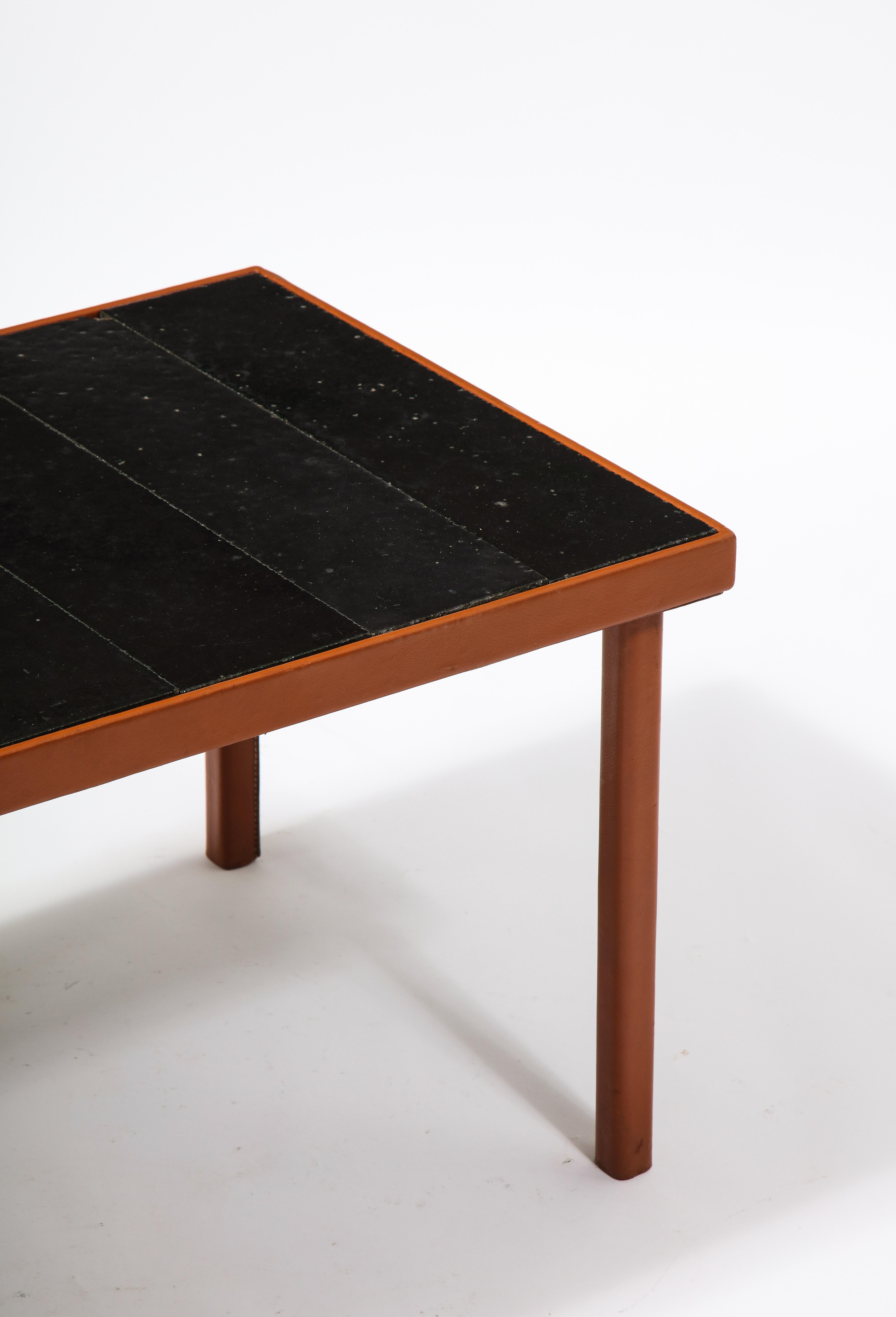 Adnet Style Leather & Dark Jouve Style Lava Stone Tiles Table, France 1950's For Sale 1