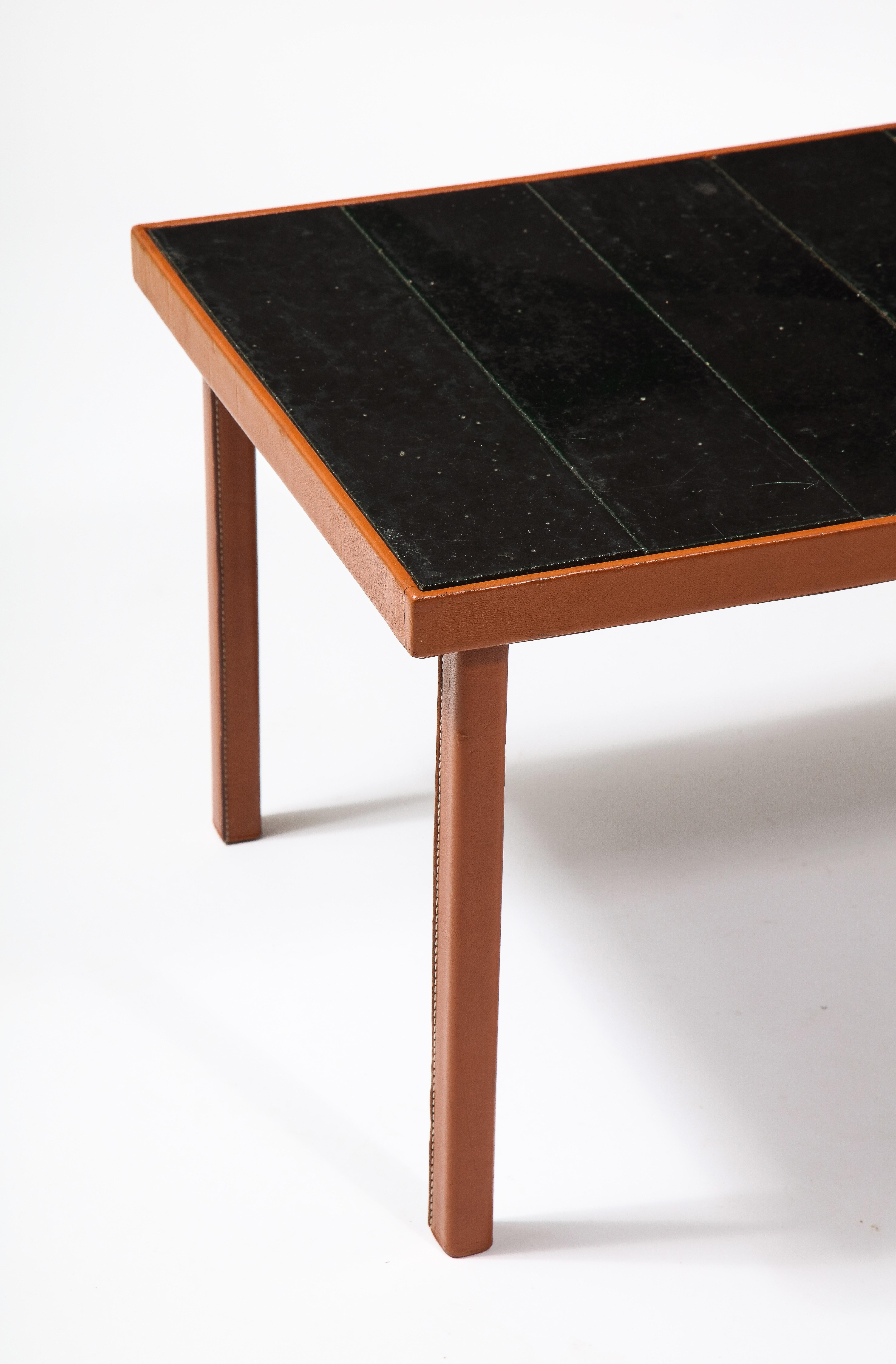 Adnet Style Leather & Dark Jouve Style Lava Stone Tiles Table, France 1950's For Sale 2