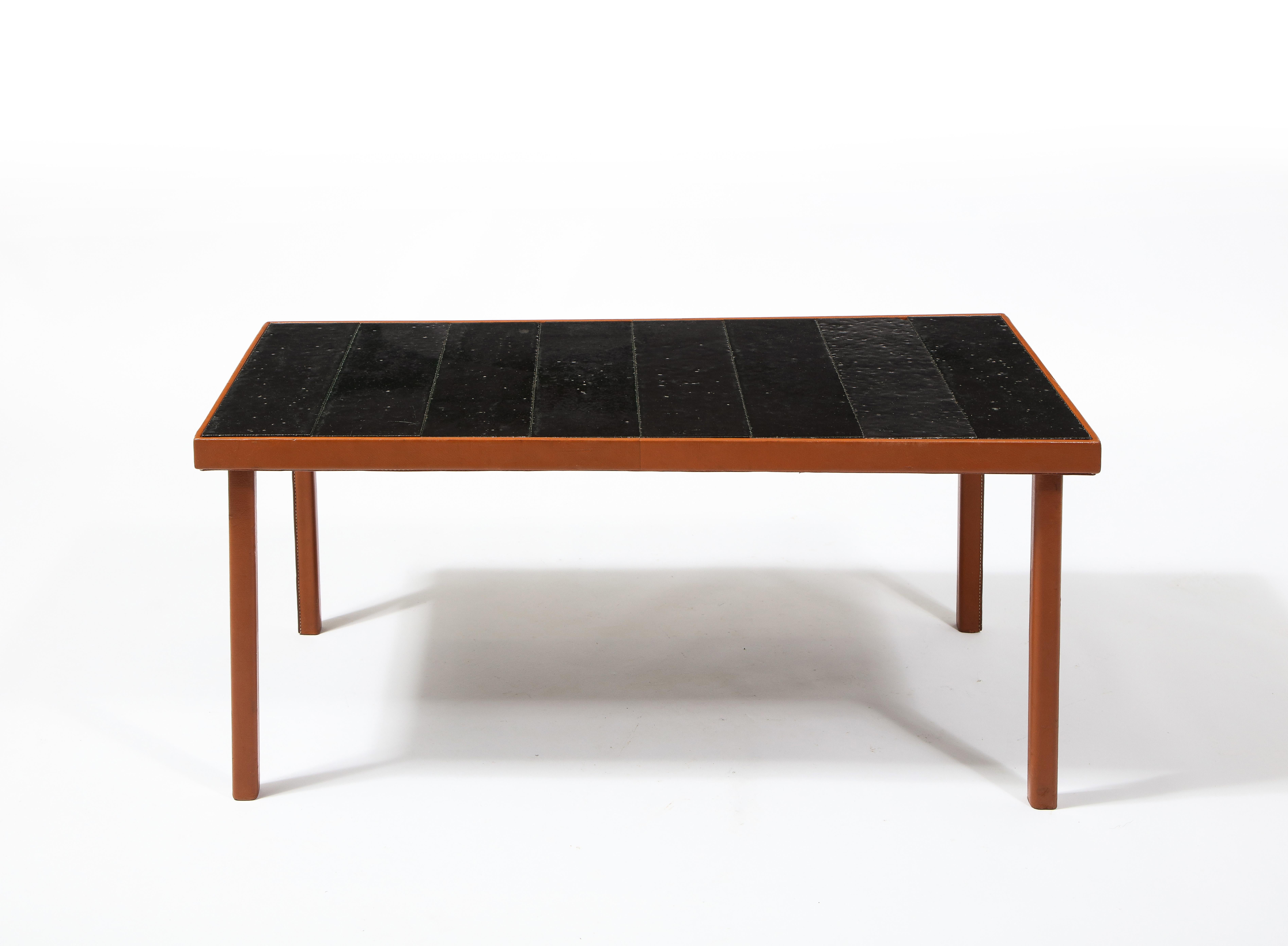 Adnet Style Leather & Dark Jouve Style Lava Stone Tiles Table, France 1950's For Sale 3