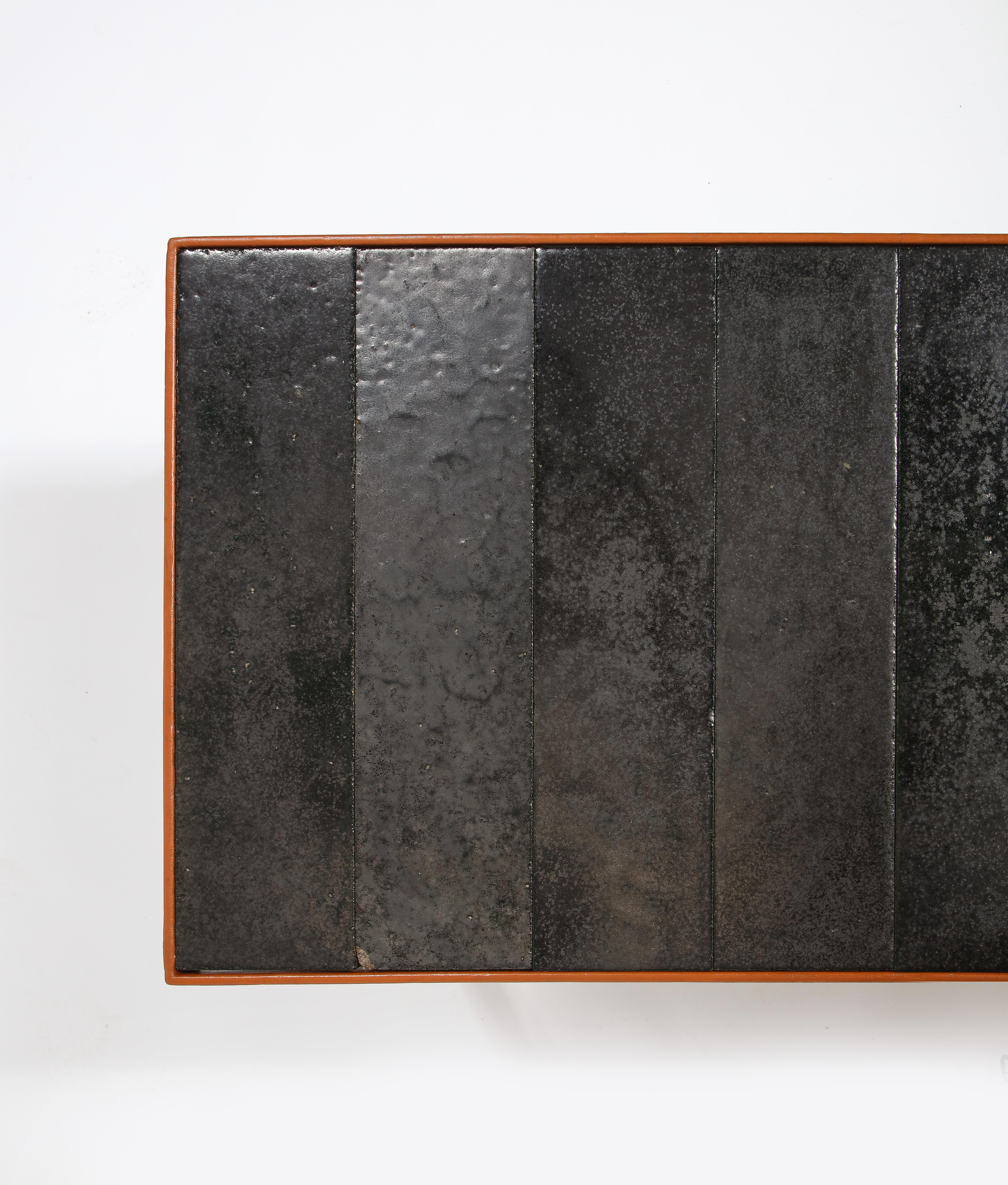 Adnet Style Leather & Dark Jouve Style Lava Stone Tiles Table, France 1950's For Sale 5