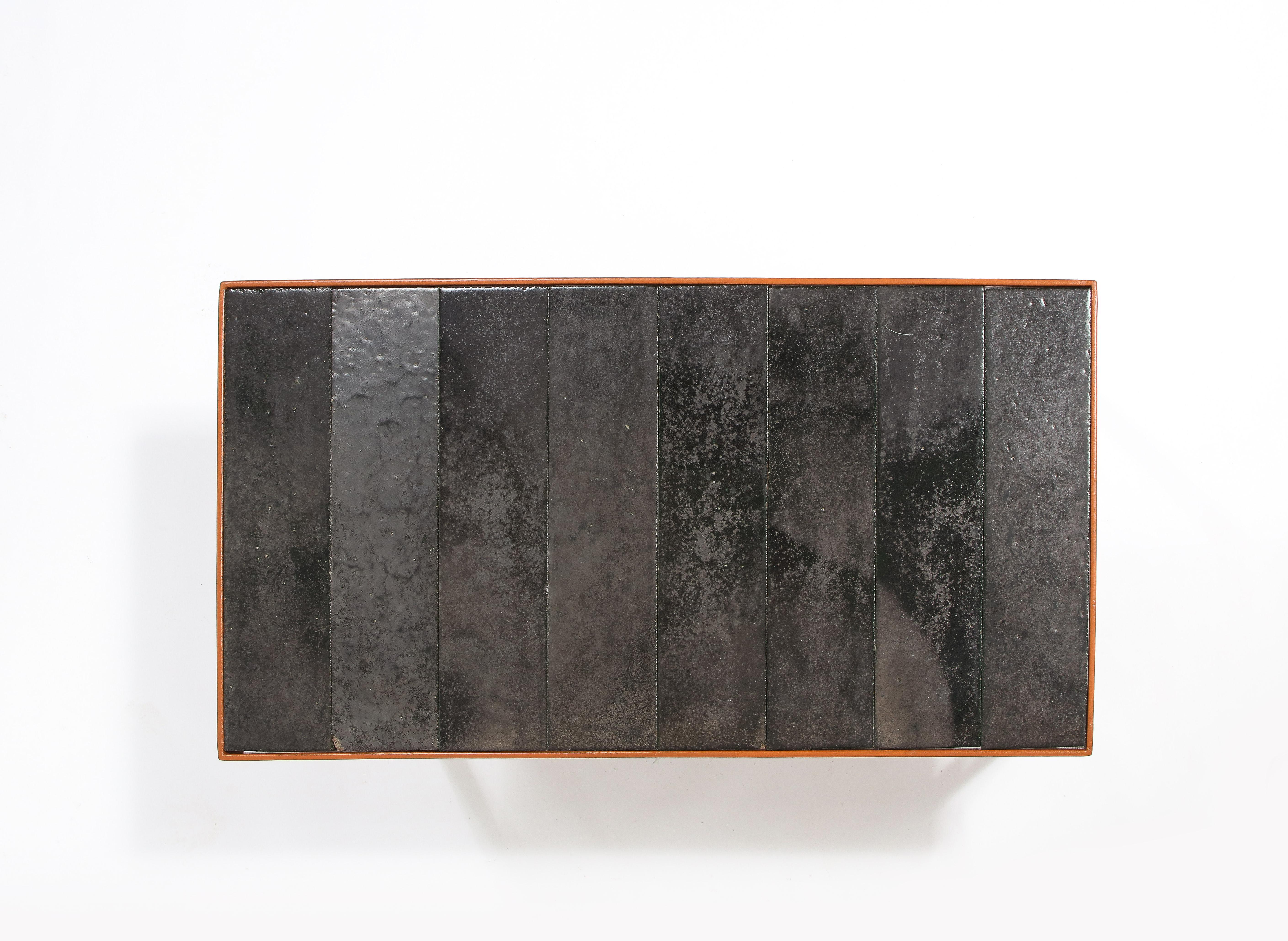 Adnet Style Leather & Dark Jouve Style Lava Stone Tiles Table, France 1950's For Sale 6