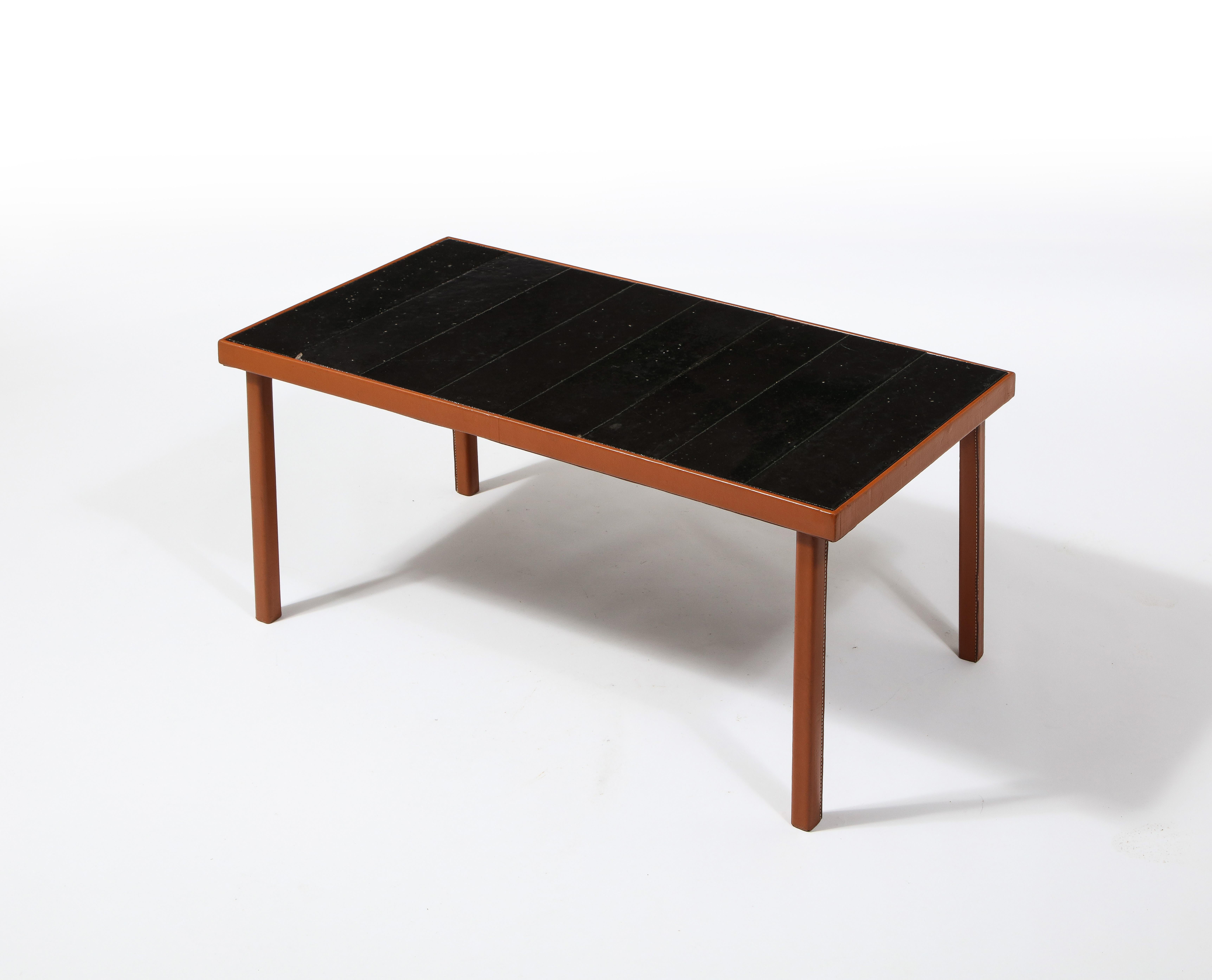 Modern Adnet Style Leather & Dark Jouve Style Lava Stone Tiles Table, France 1950's For Sale