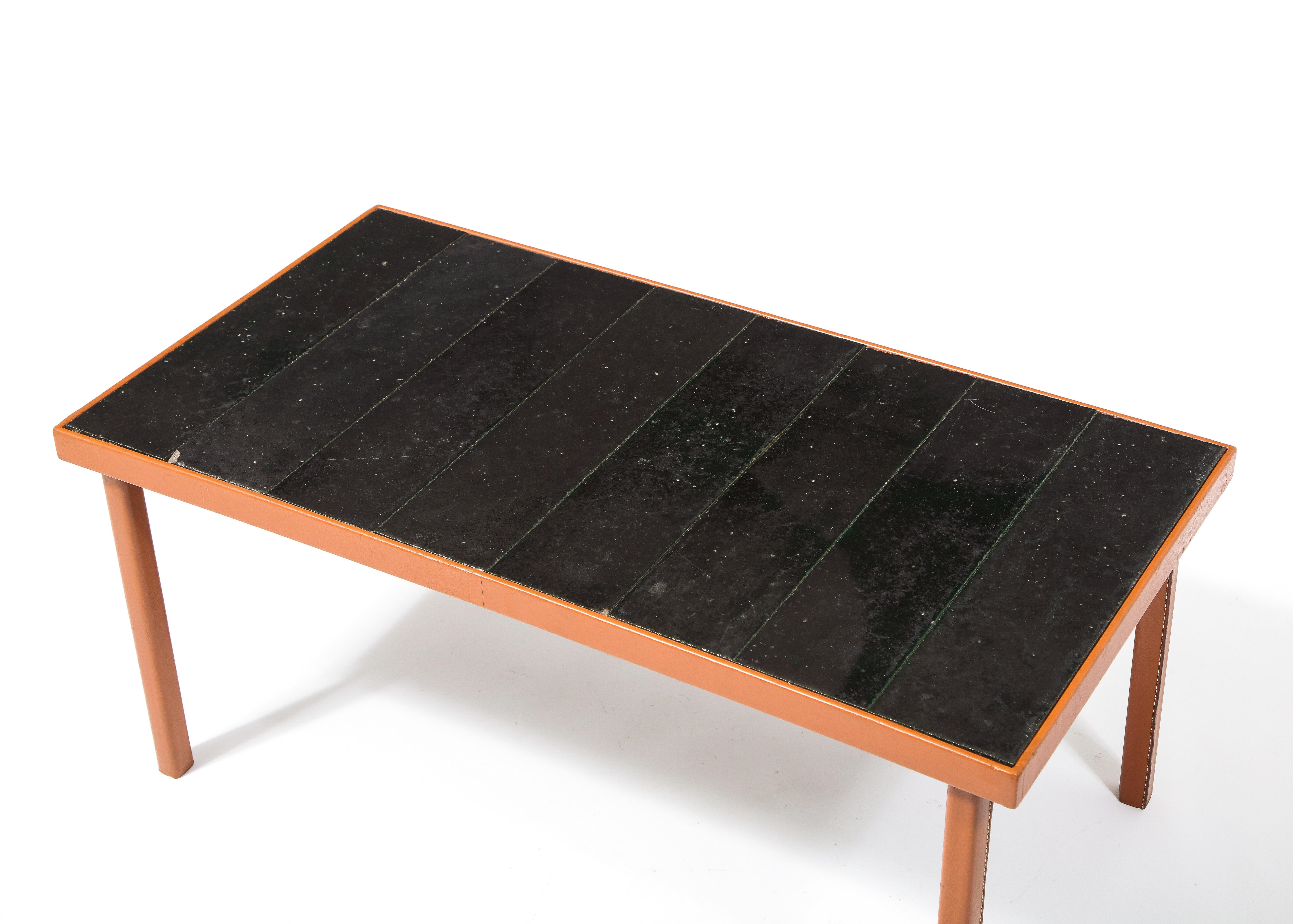 Enameled Adnet Style Leather & Dark Jouve Style Lava Stone Tiles Table, France 1950's For Sale