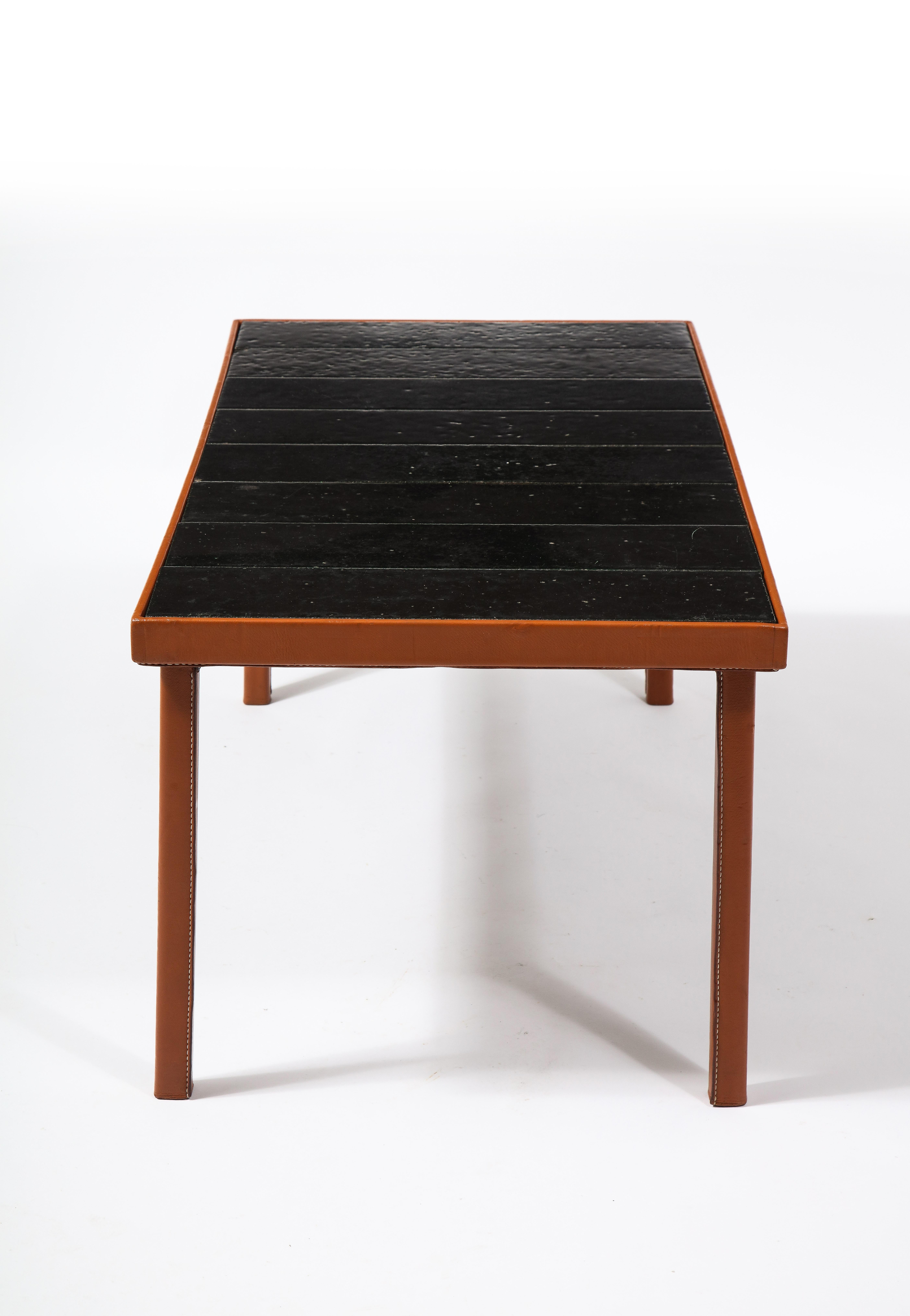 Adnet Style Leather & Dark Jouve Style Lava Stone Tiles Table, France 1950's In Good Condition For Sale In New York, NY