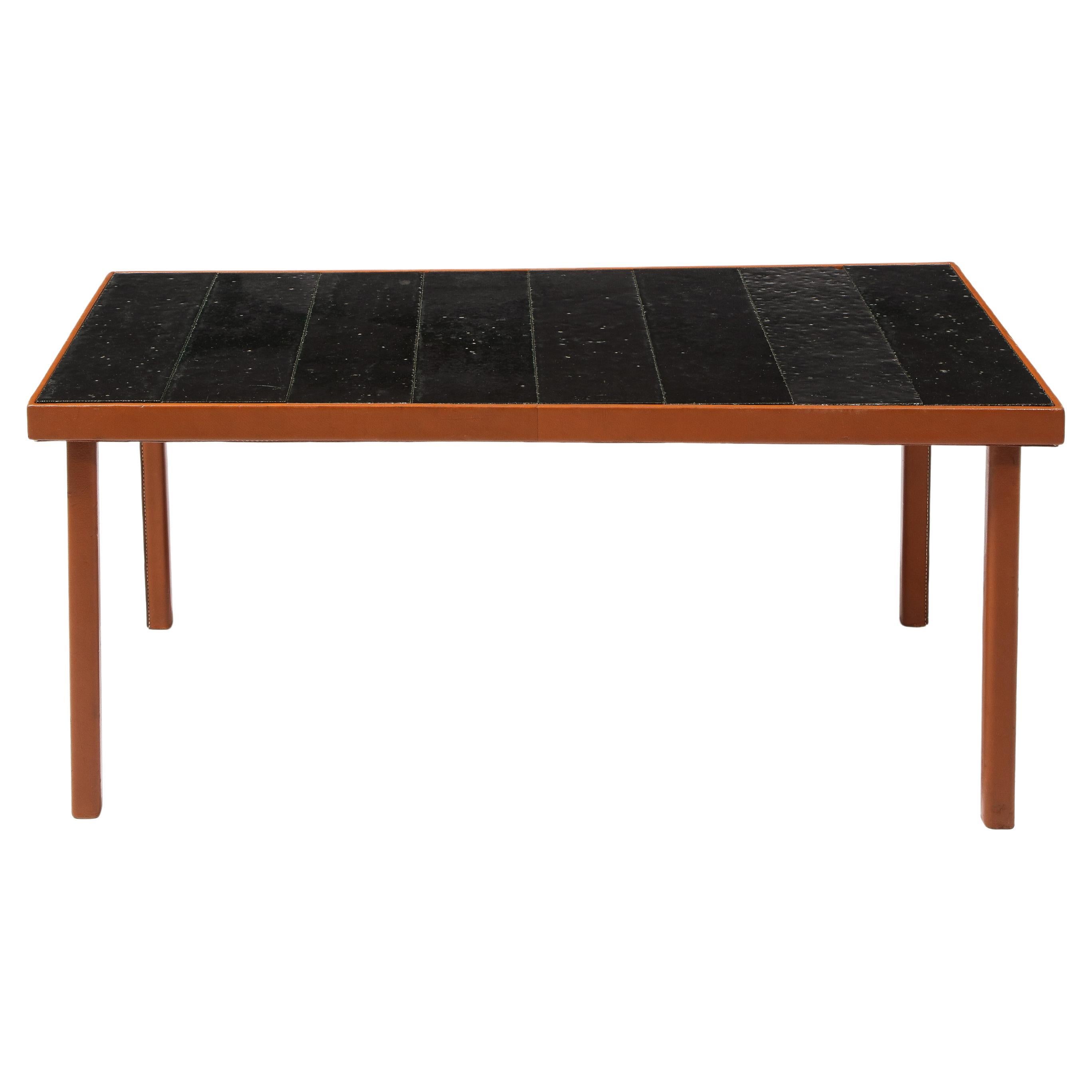 Jacques Adnet Leather and Dark Jouve-like Lava Stone Tile Table, France 1950's