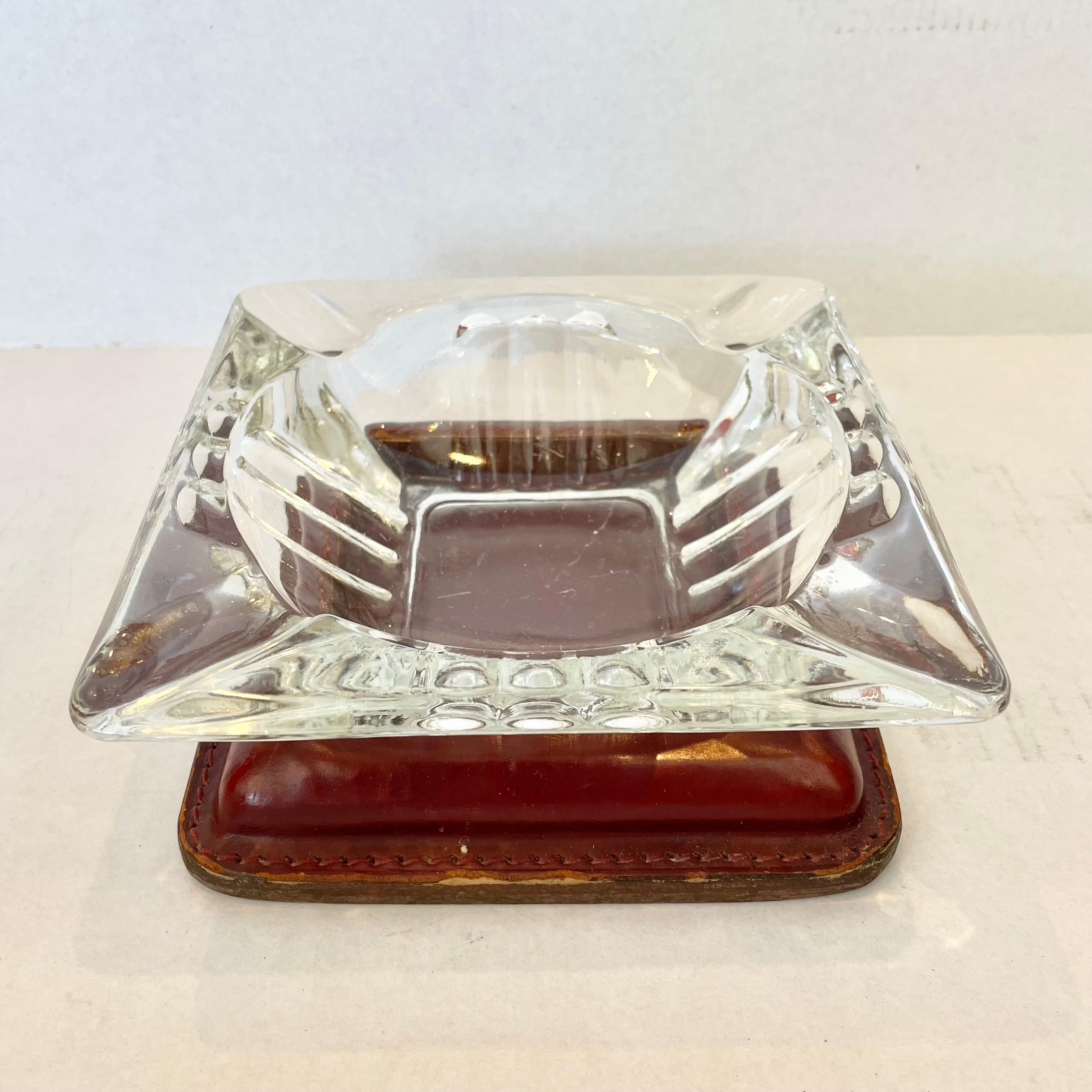 Art Deco Jacques Adnet Leather and Glass Ashtray For Sale