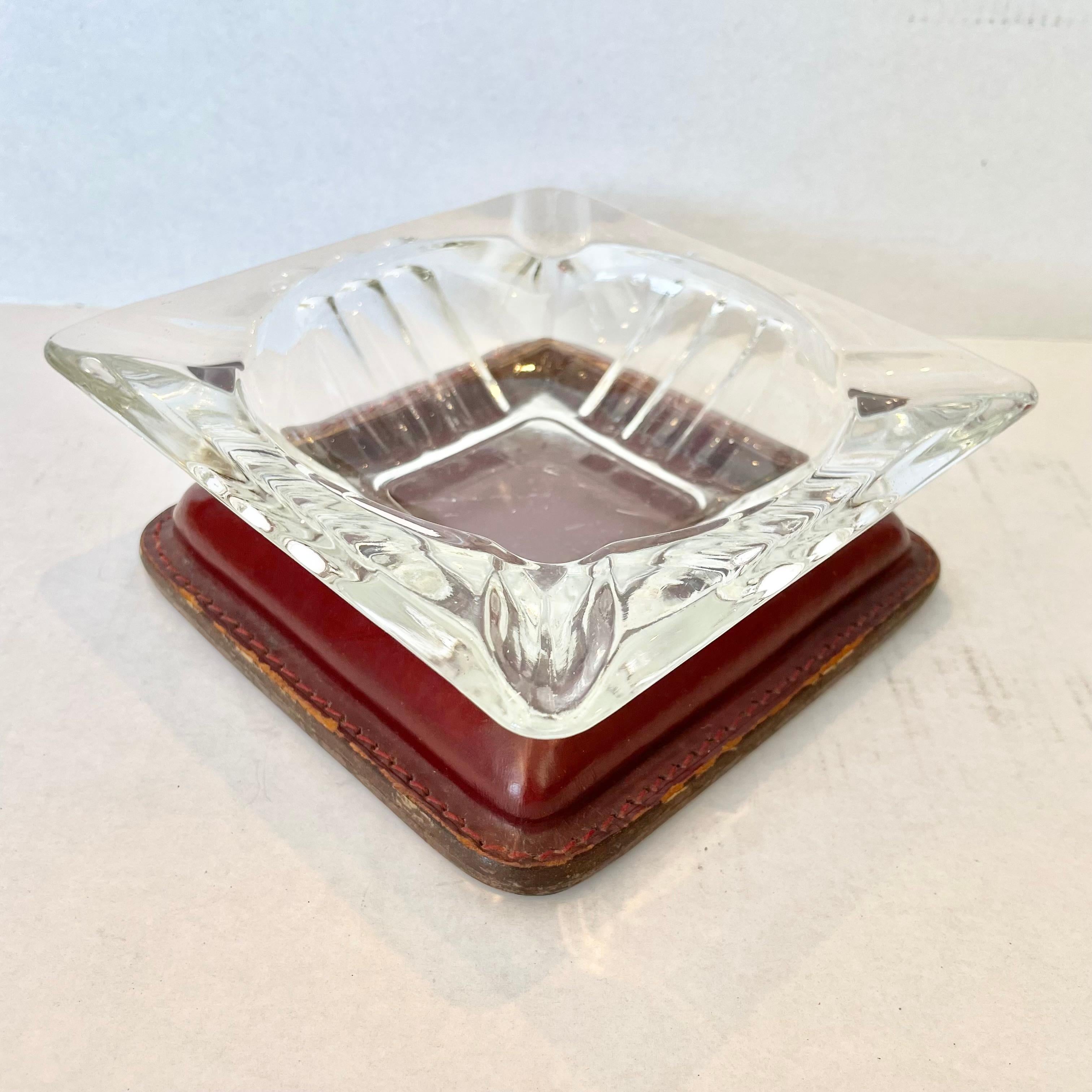 French Jacques Adnet Leather and Glass Ashtray For Sale