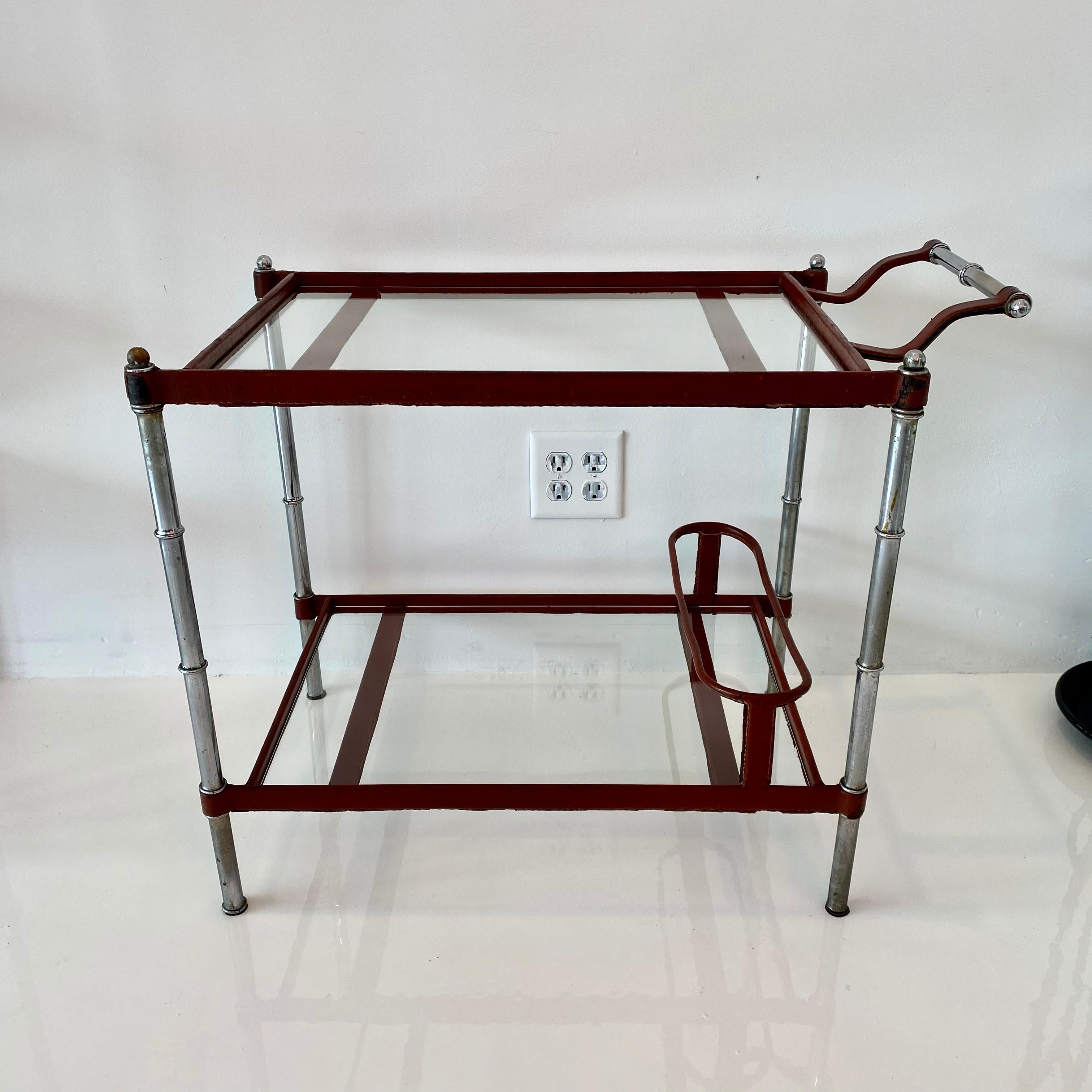 French Jacques Adnet Leather and Glass Bar Cart