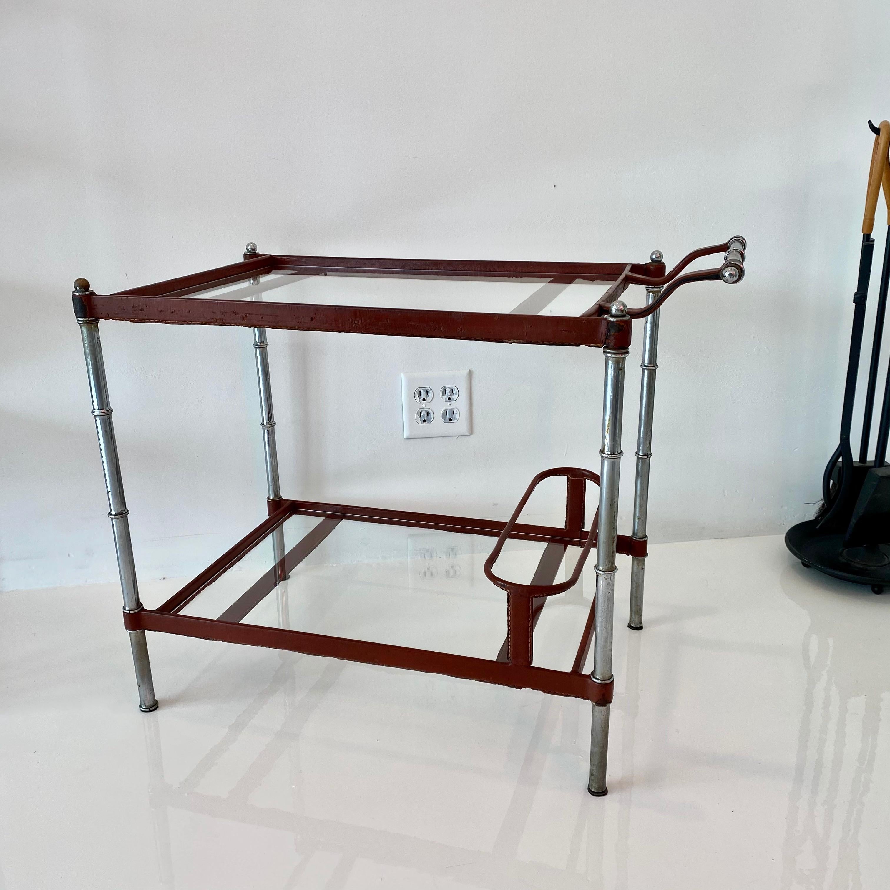Jacques Adnet Leather and Glass Bar Cart In Good Condition In Los Angeles, CA
