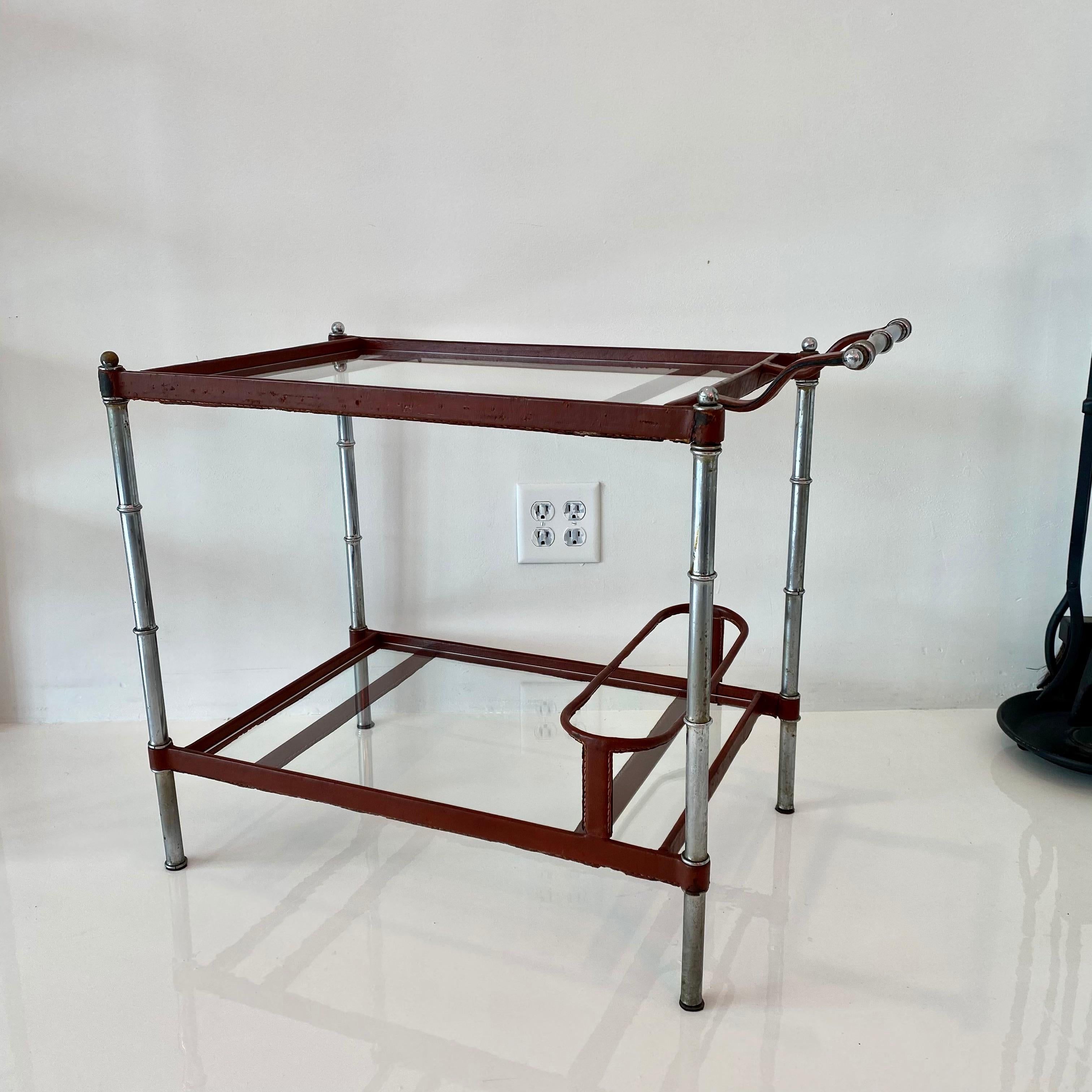 Mid-20th Century Jacques Adnet Leather and Glass Bar Cart