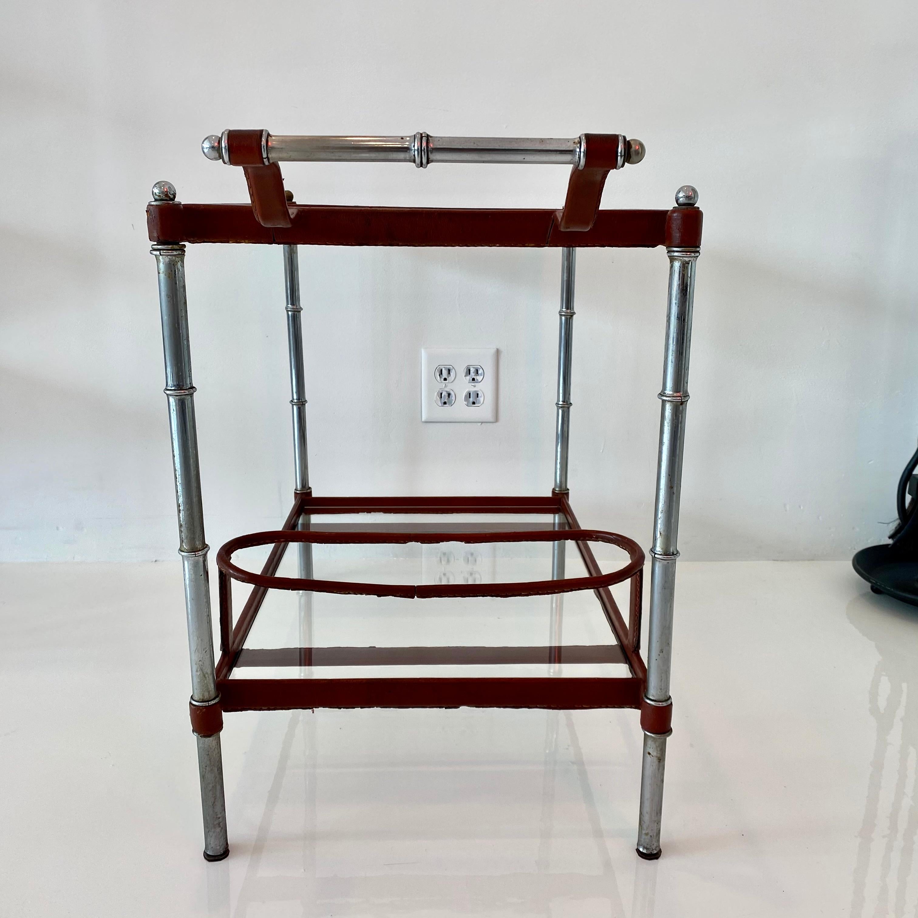 Jacques Adnet Leather and Glass Bar Cart 1