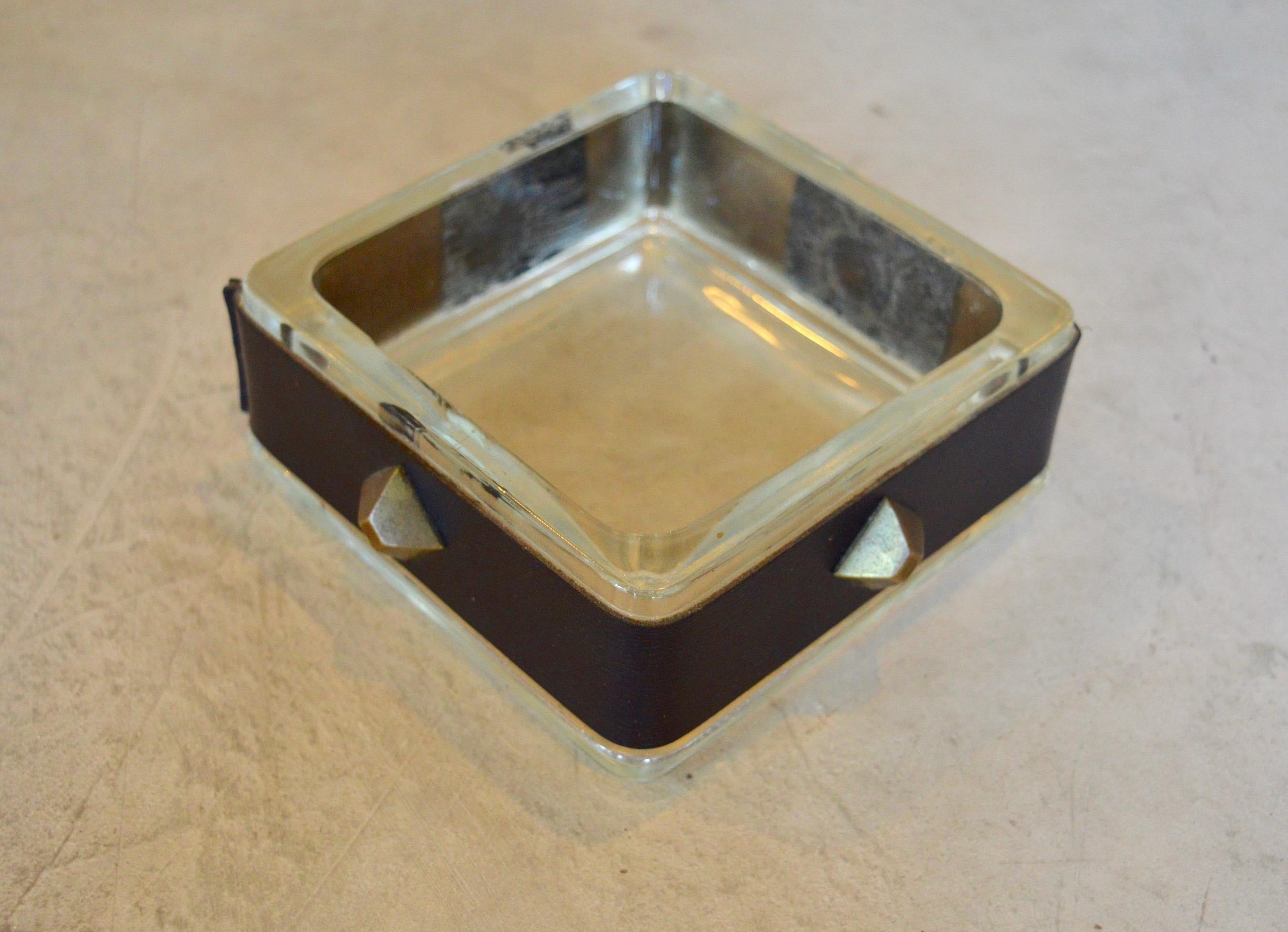 French Jacques Adnet Leather and Glass Catchall