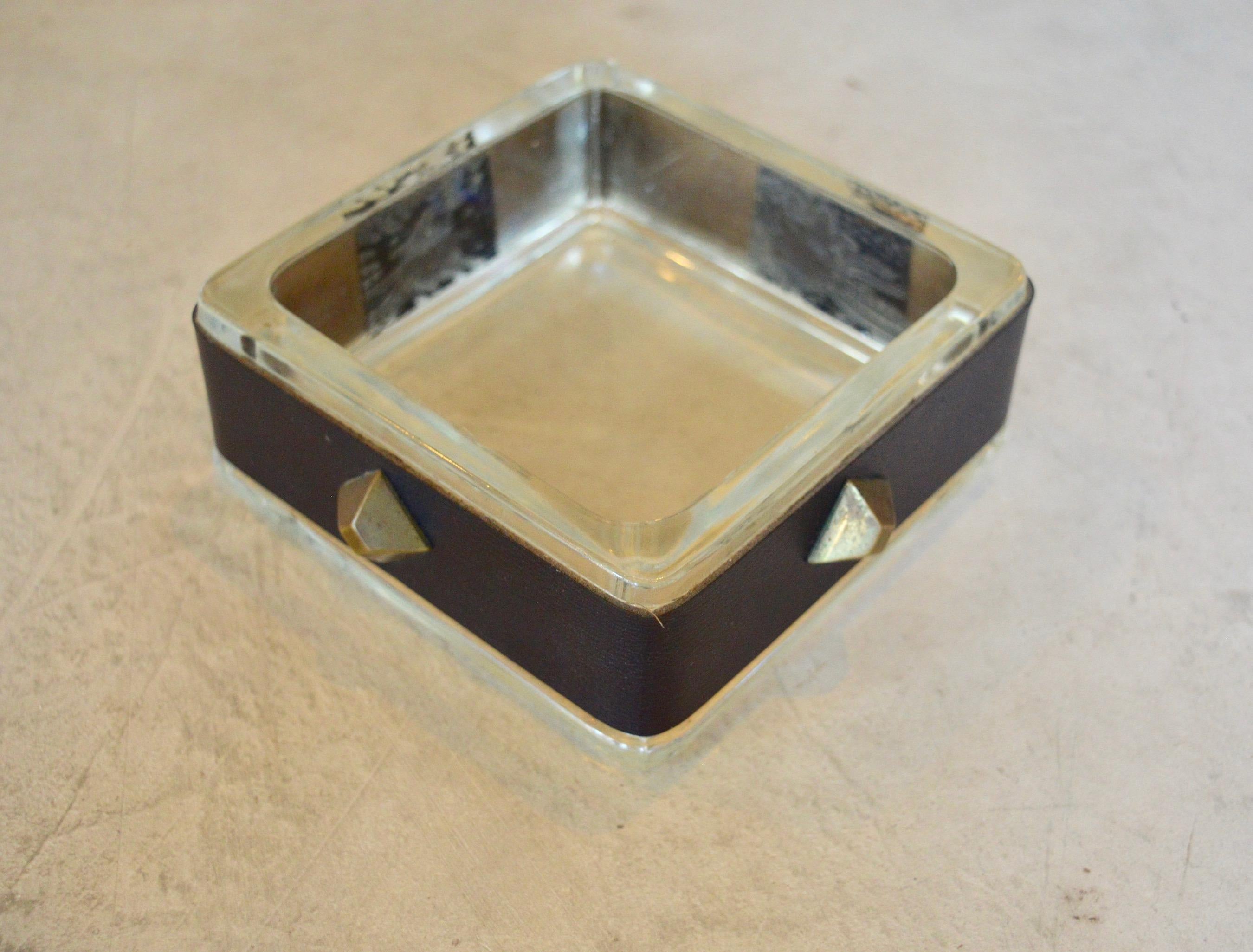 Jacques Adnet Leather and Glass Catchall In Good Condition In Los Angeles, CA