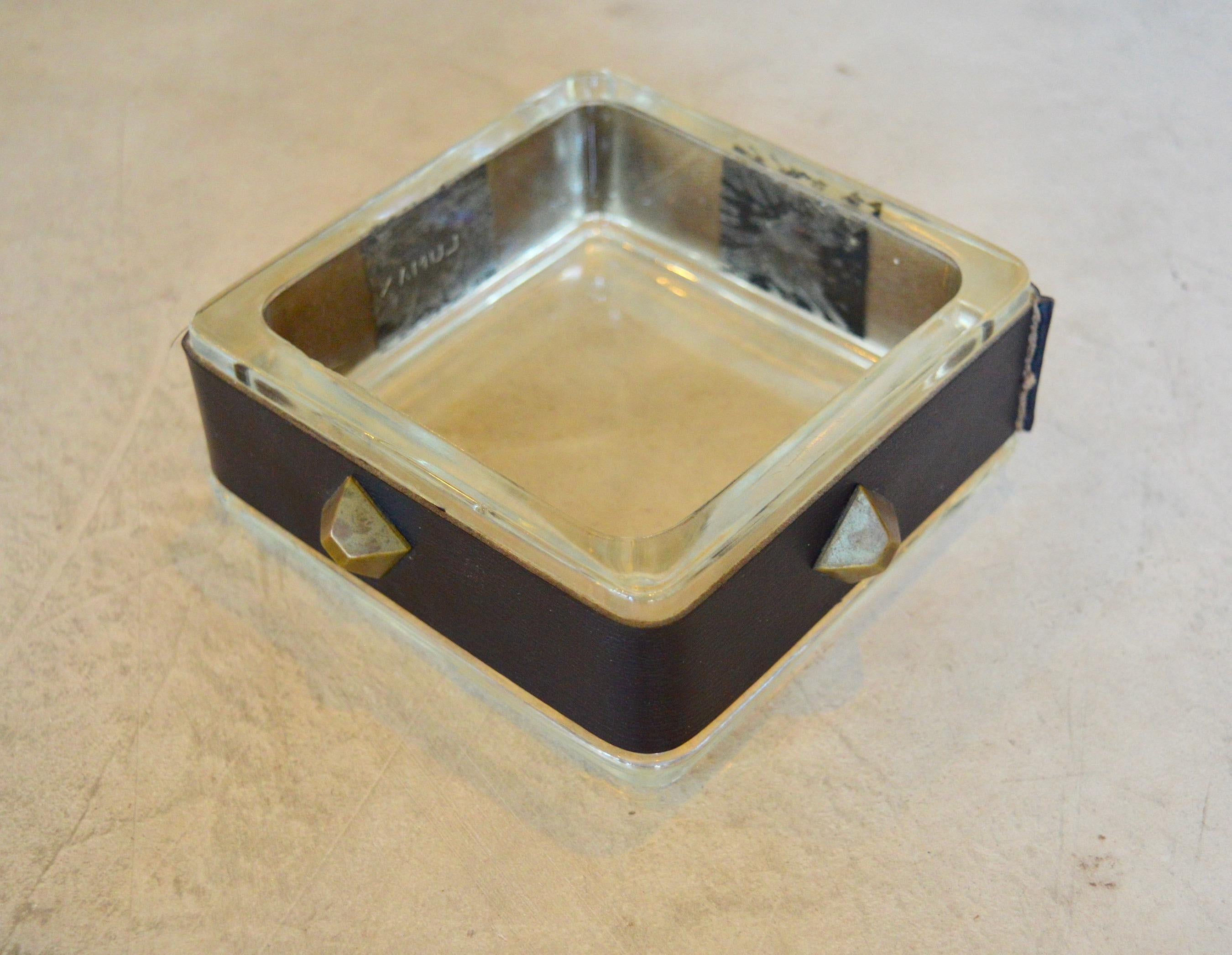 Mid-20th Century Jacques Adnet Leather and Glass Catchall