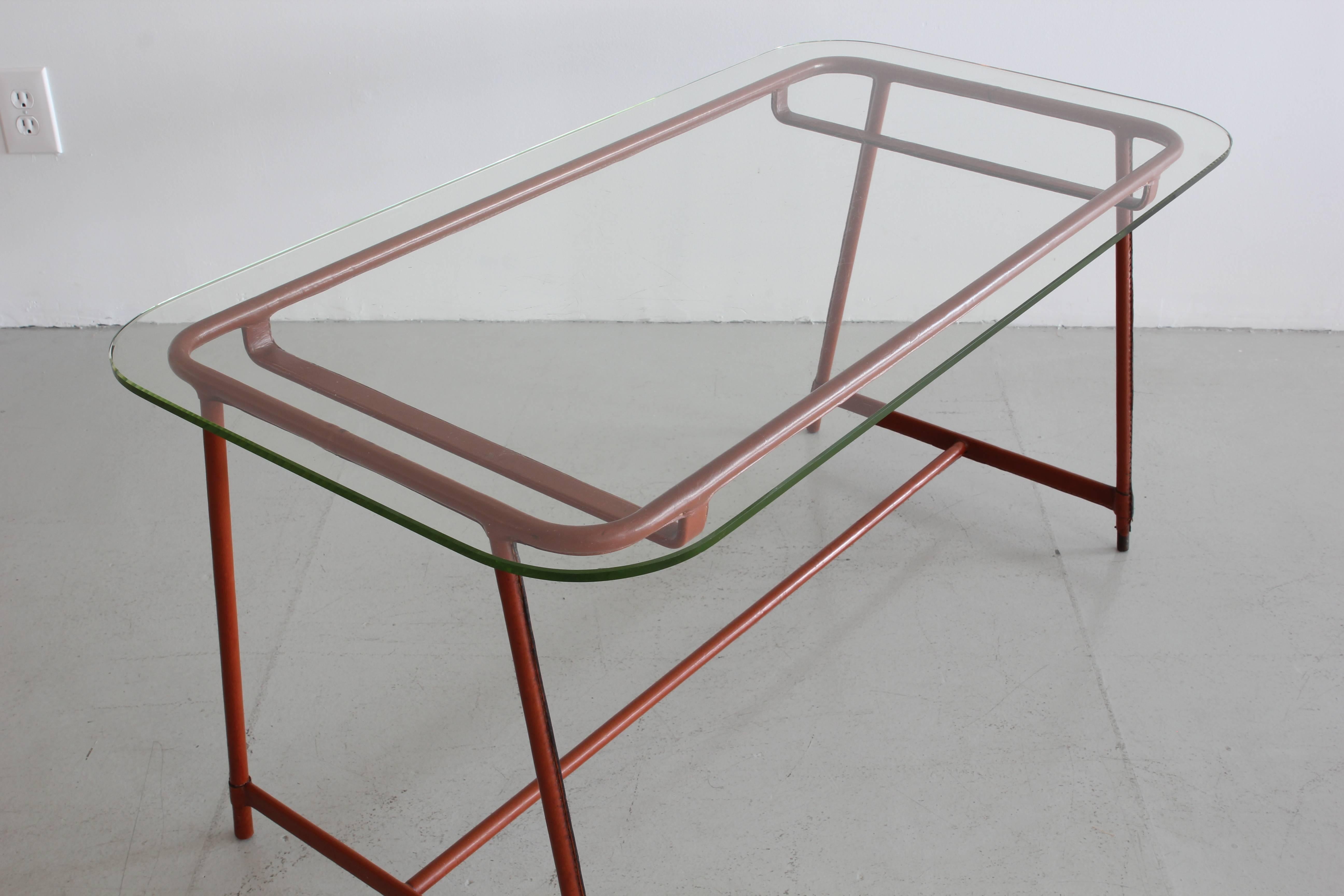 French Jacques Adnet Leather and Glass Coffee Table