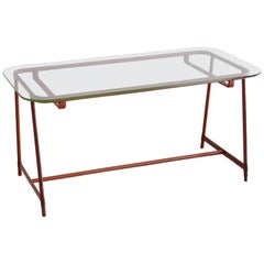 Jacques Adnet Leather and Glass Coffee Table