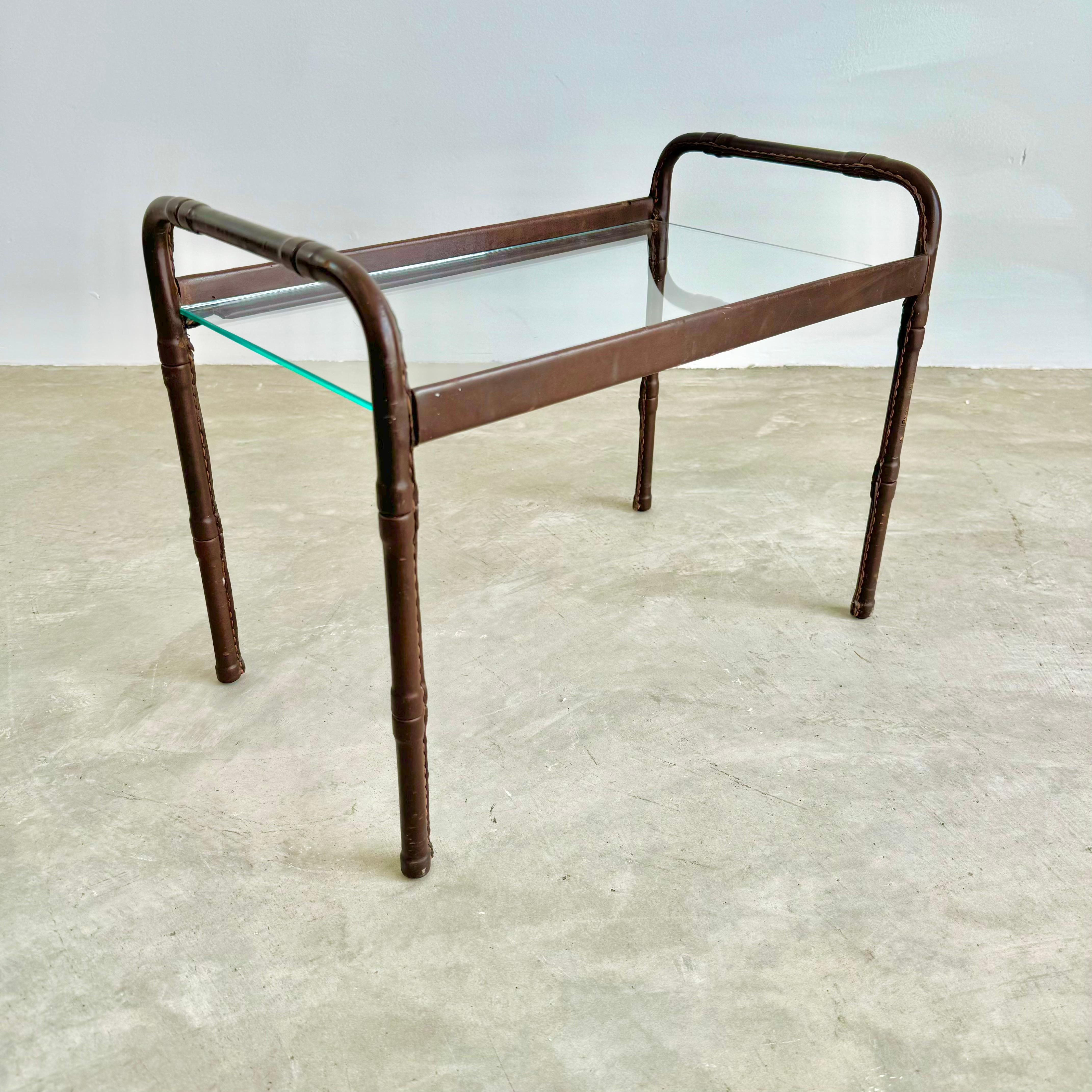 French Jacques Adnet Leather and Glass Side Table, 1950s France For Sale