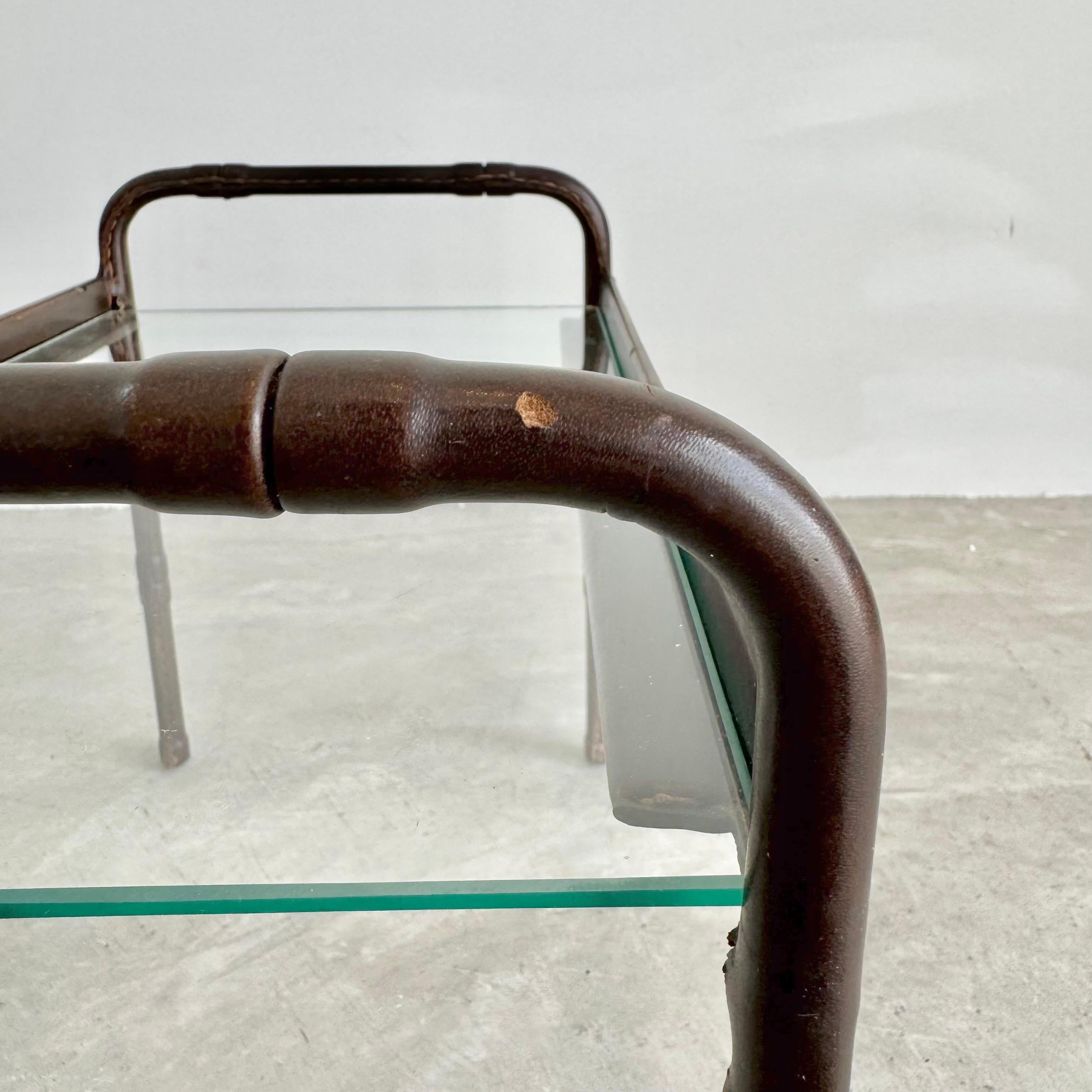 Mid-20th Century Jacques Adnet Leather and Glass Side Table, 1950s France For Sale