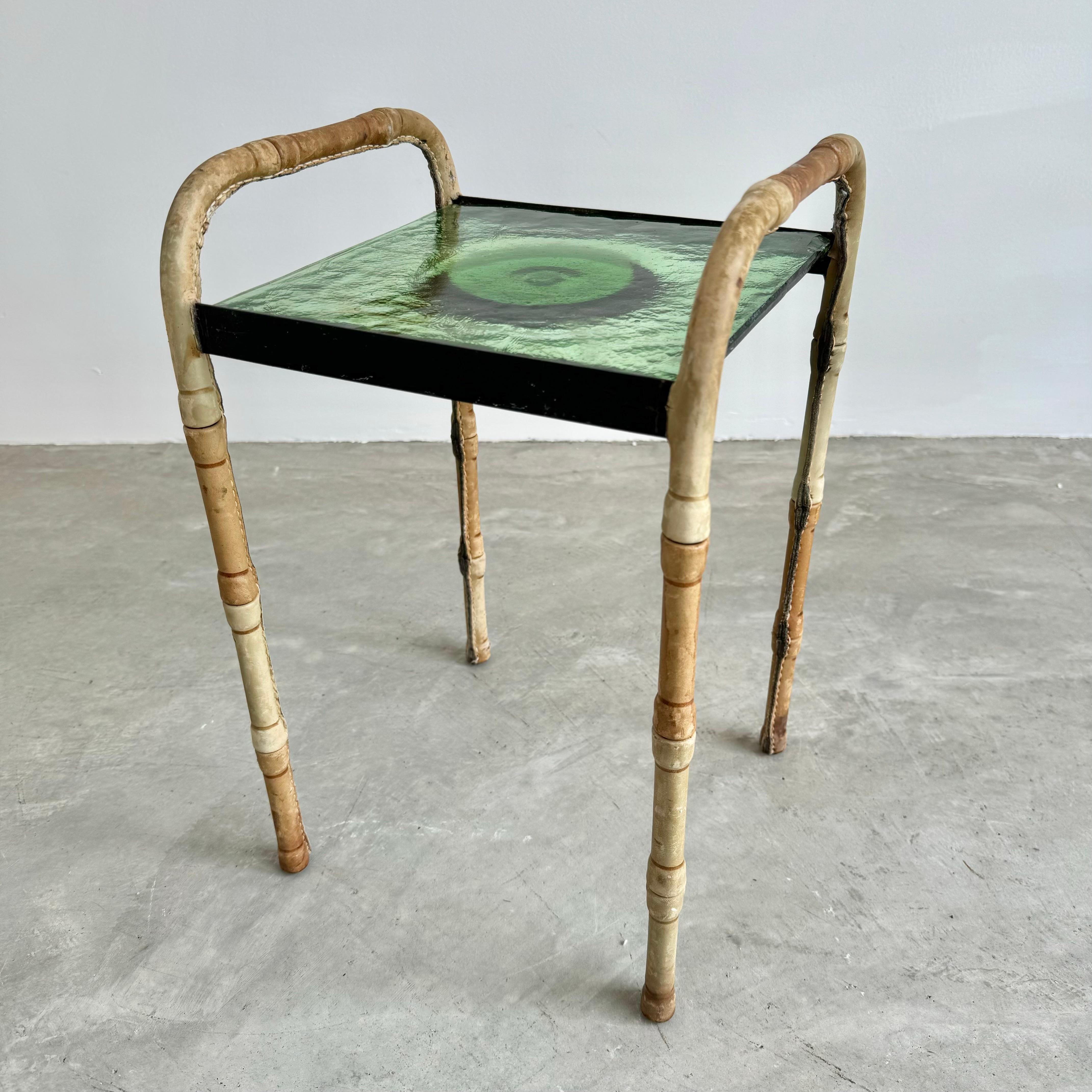 Jacques Adnet Leather and Glass Side Table and Catchall, 1950s France For Sale 3