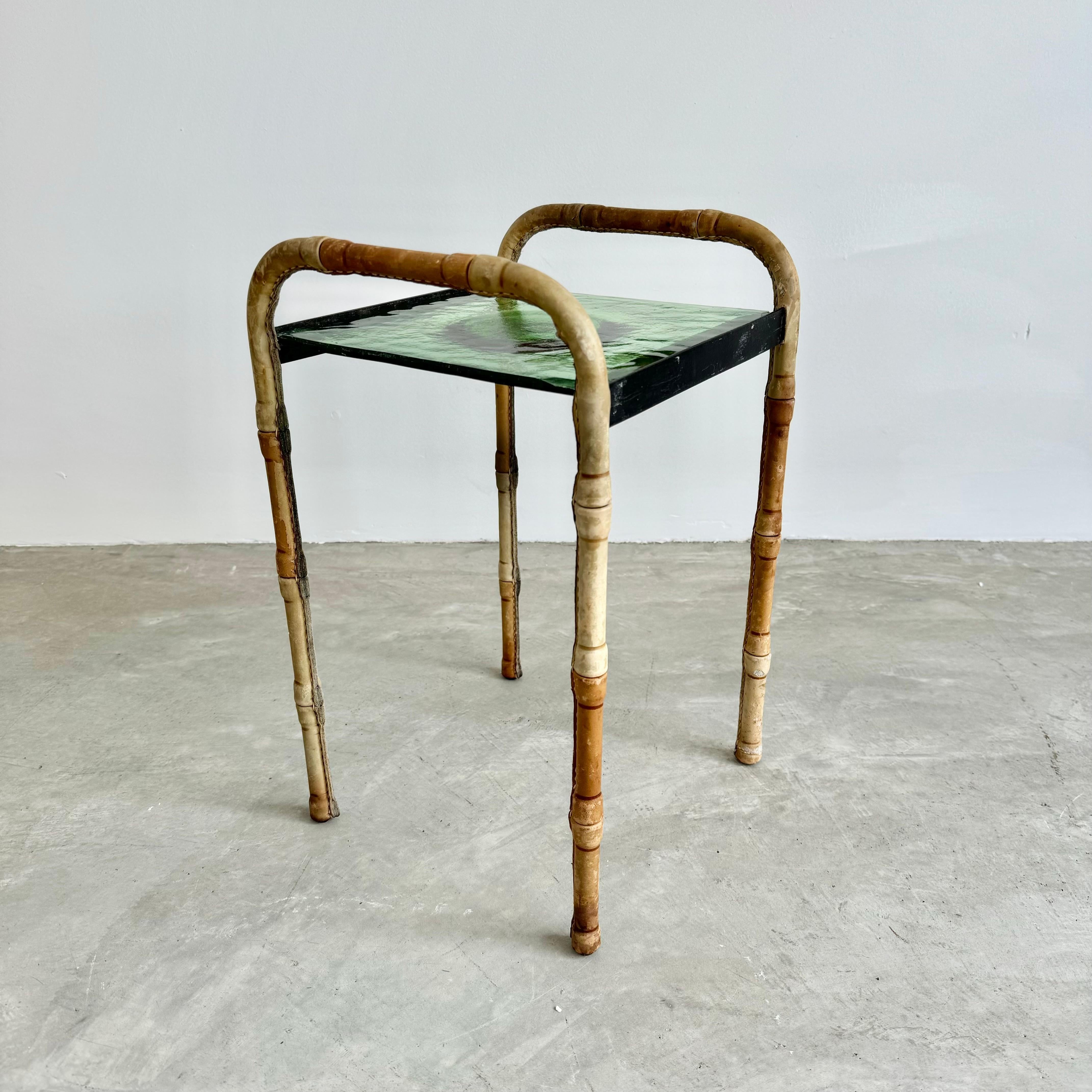 French Jacques Adnet Leather and Glass Side Table and Catchall, 1950s France For Sale