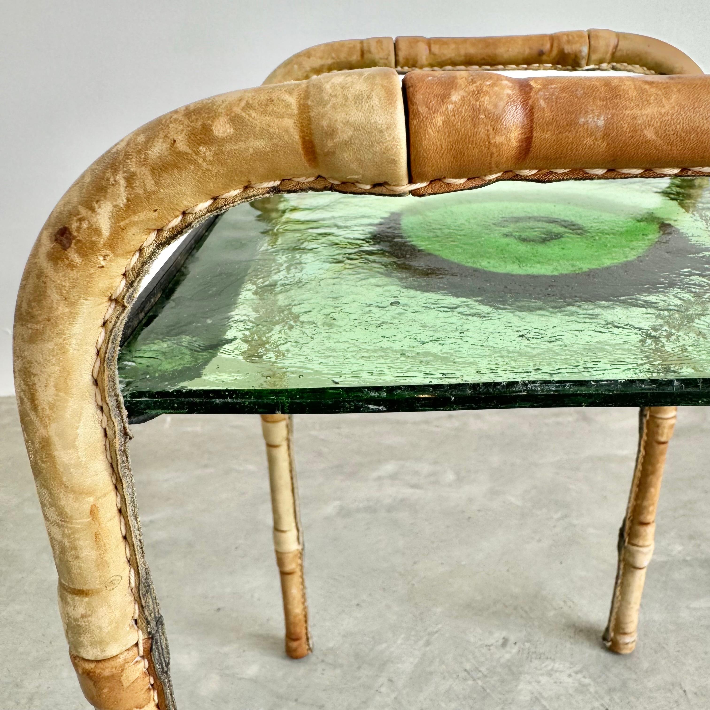 Mid-20th Century Jacques Adnet Leather and Glass Side Table and Catchall, 1950s France For Sale