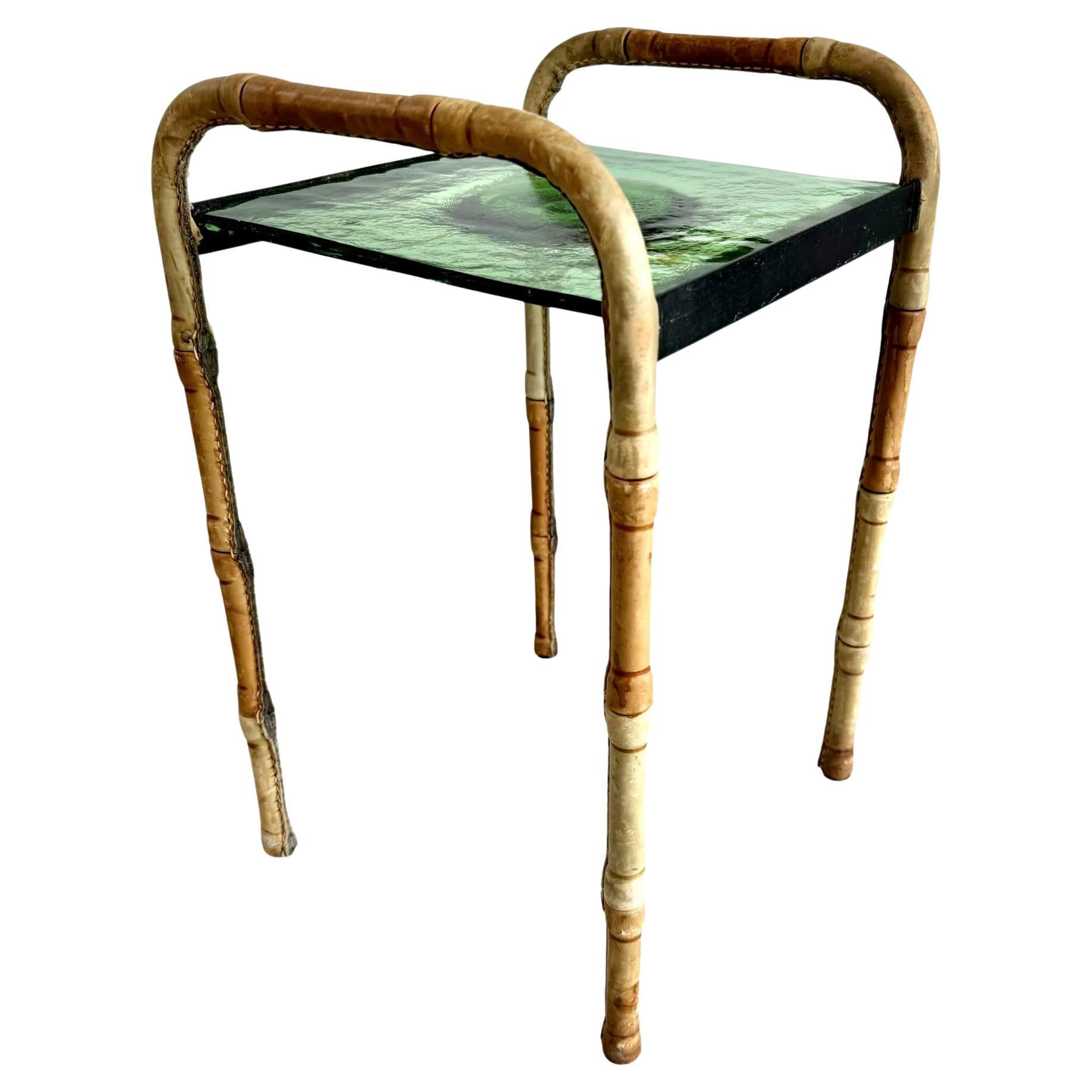 Jacques Adnet Leather and Glass Side Table and Catchall, 1950s France For Sale