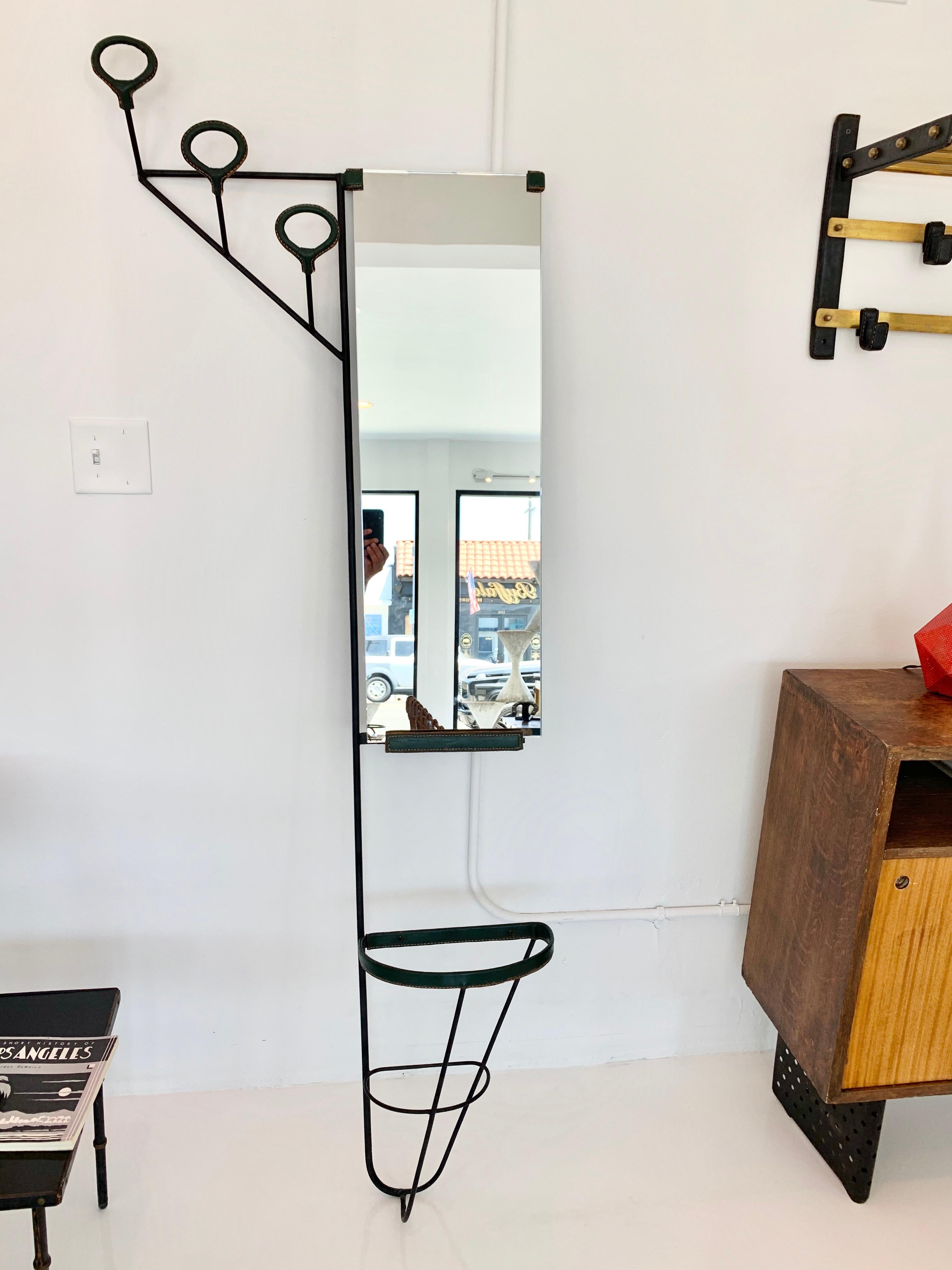 Jacques Adnet Leather and Glass Wall Rack, 1950s France In Good Condition In Los Angeles, CA