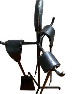 Jacques Adnet Leather and Iron Fireplace Set