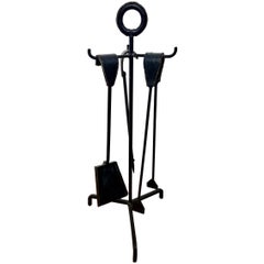 Jacques Adnet Leather and Iron Fireplace Set