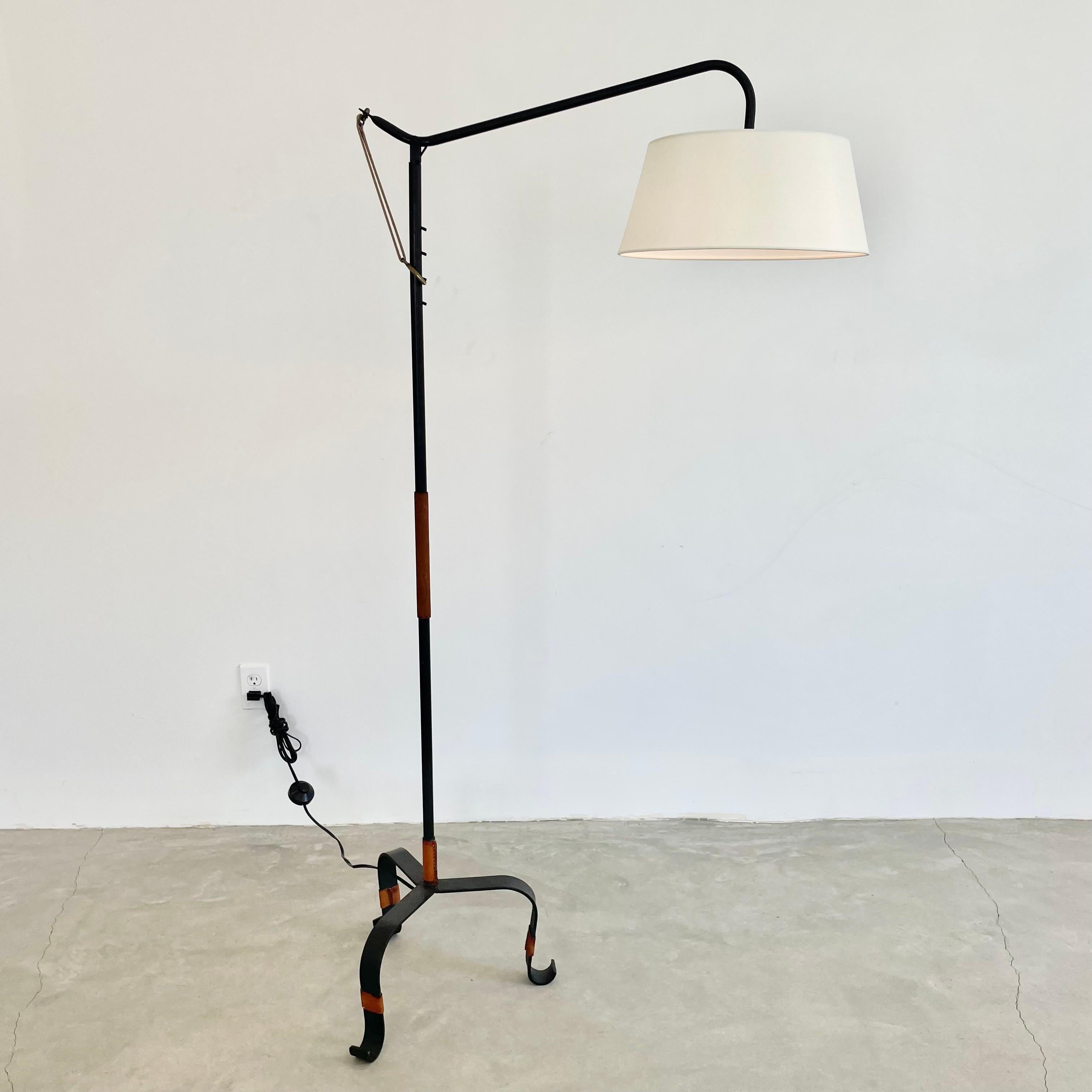 Mid-Century Modern Jacques Adnet Leather and Iron Floor Lamp For Sale