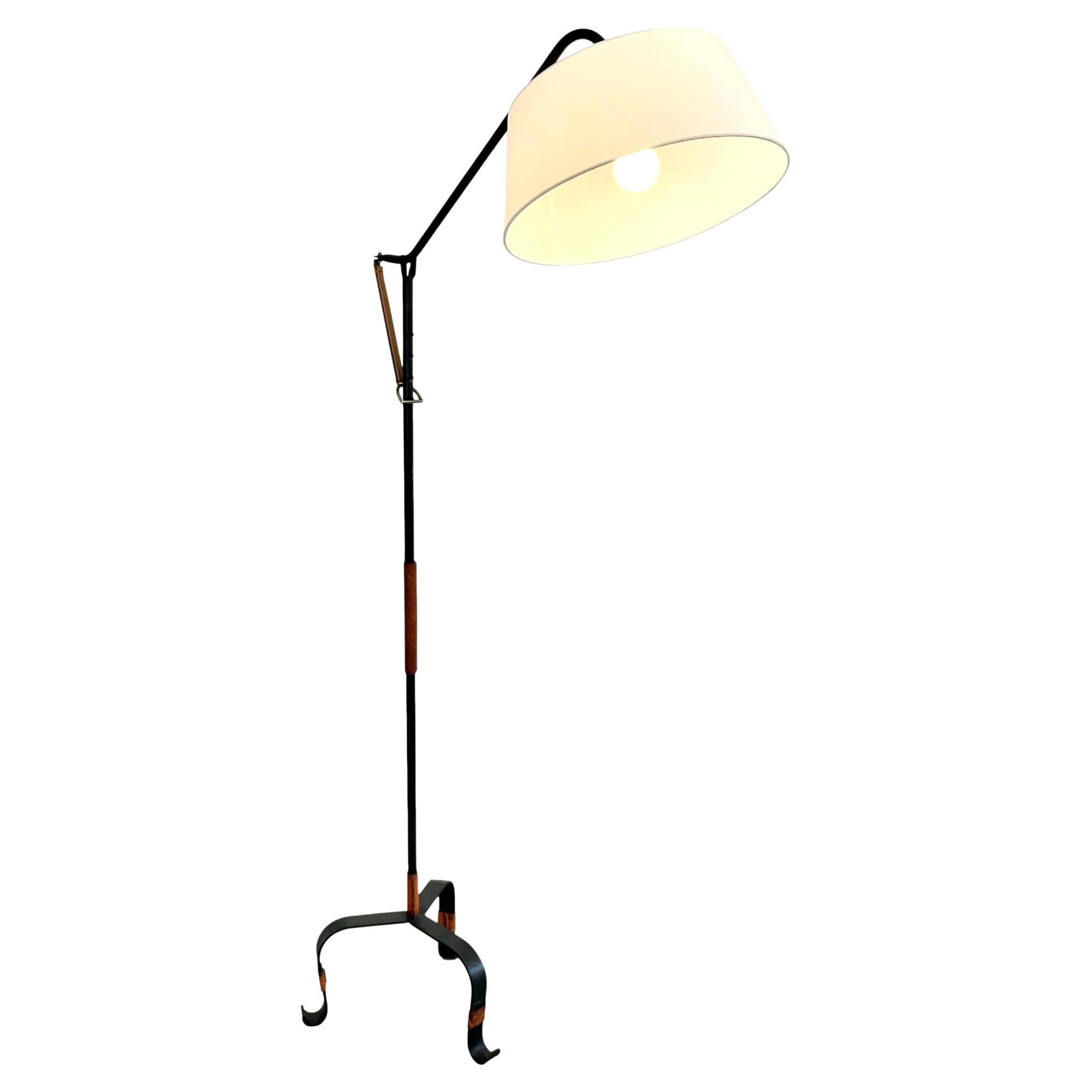 Stehlampe aus Leder und Eisen von Jacques Adnet