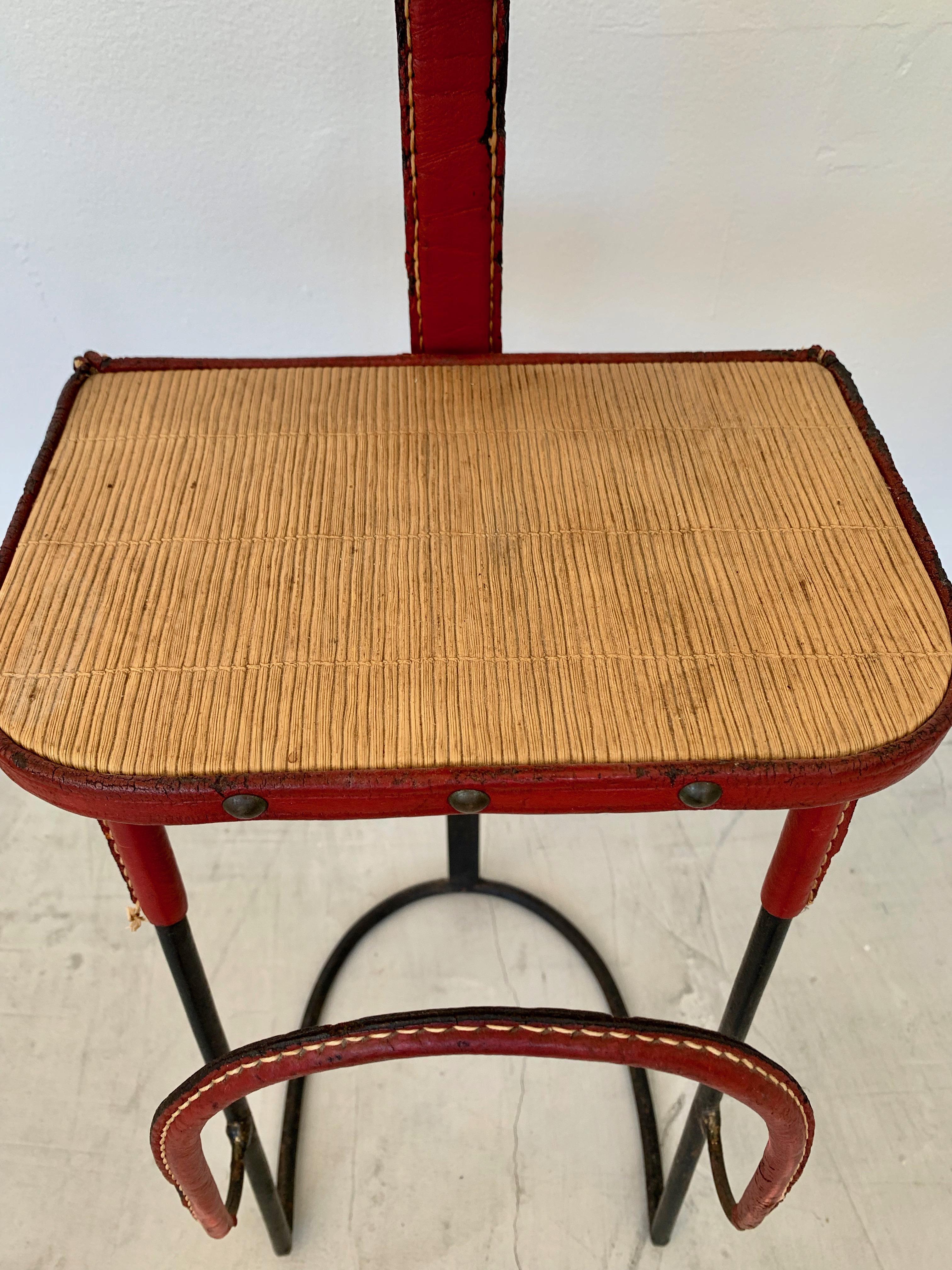 Brass Jacques Adnet Leather and Iron Side Table