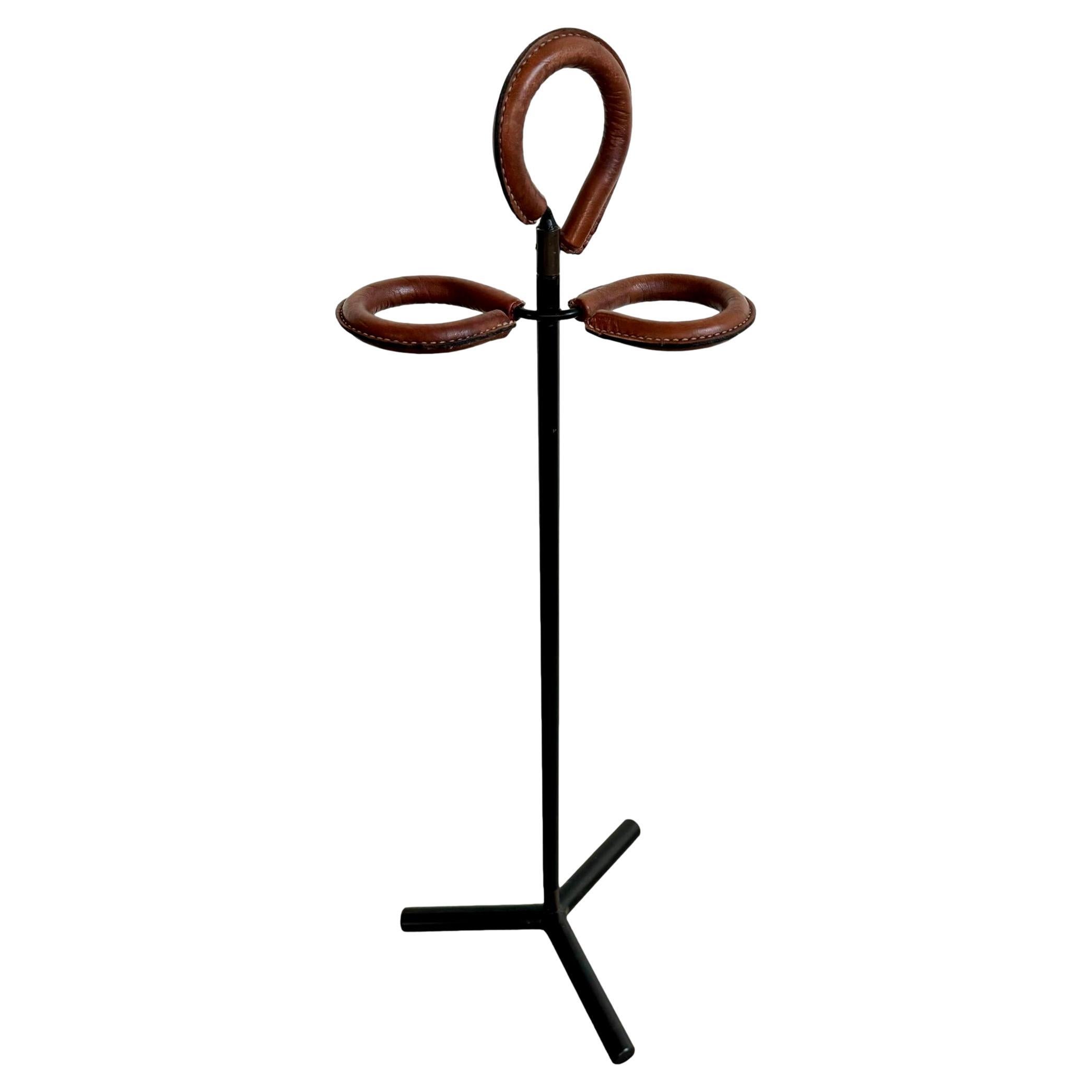 Jacques Adnet Leather and Iron Umbrella Stand, 1950s France