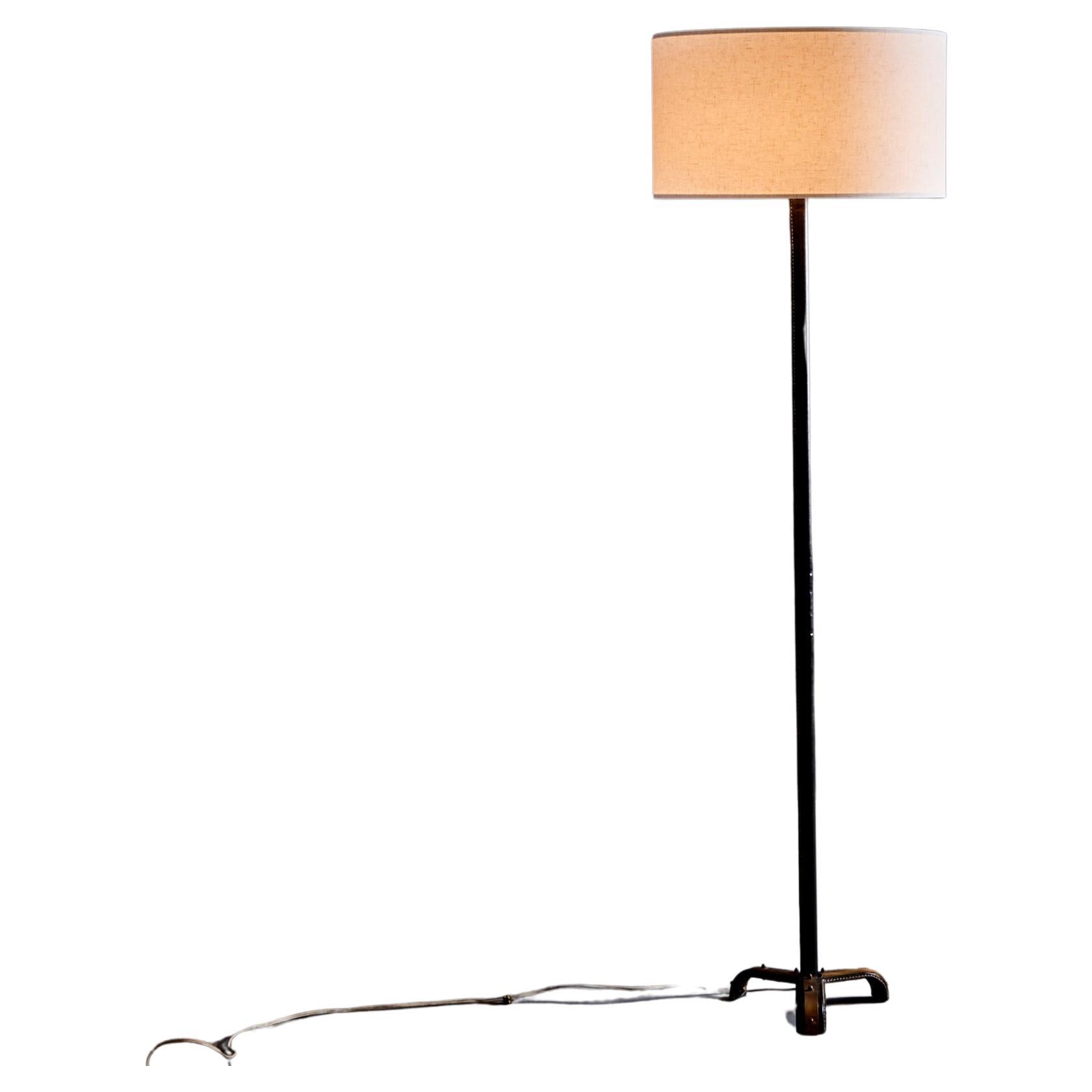 Jacques Adnet Leather and Metal Floor Lamp France - 1950s For Sale
