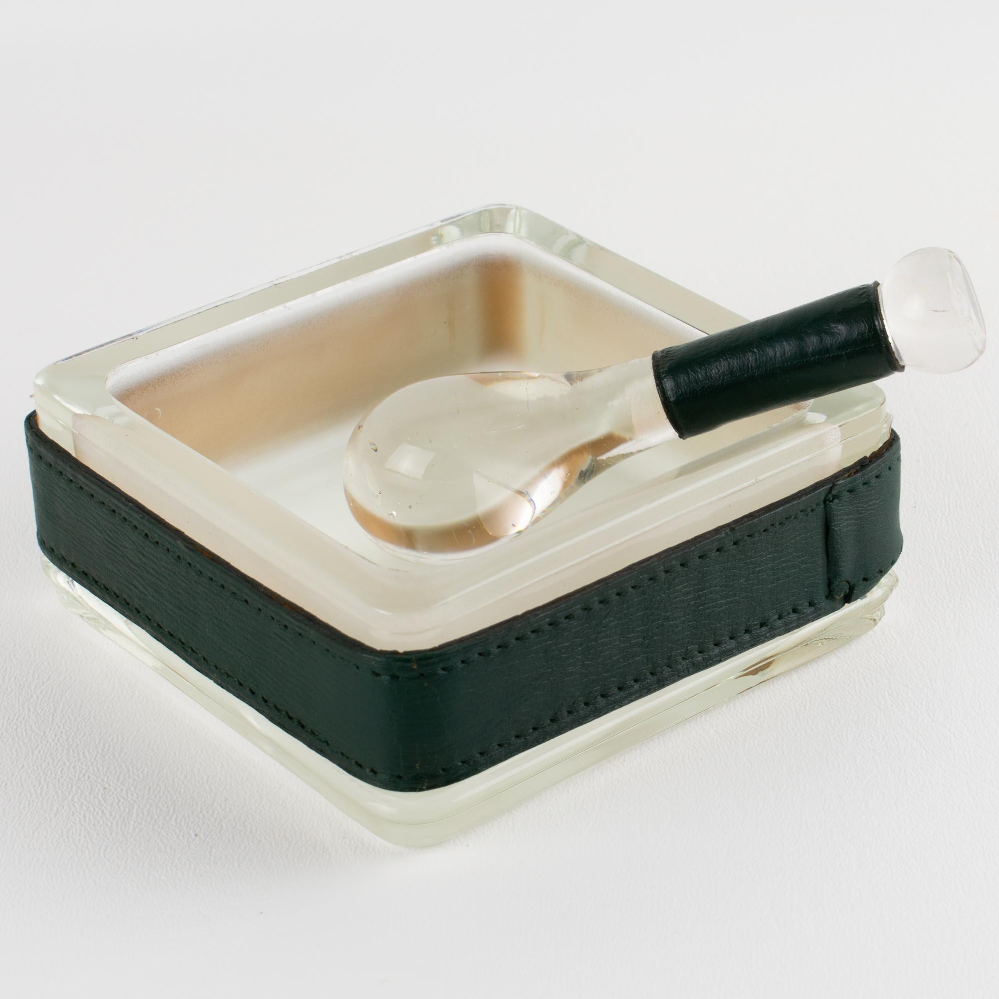 Mid-Century Modern Jacques Adnet Leather and Molded Glass Ashtray Catchall Desk Tidy, circa 1950 For Sale