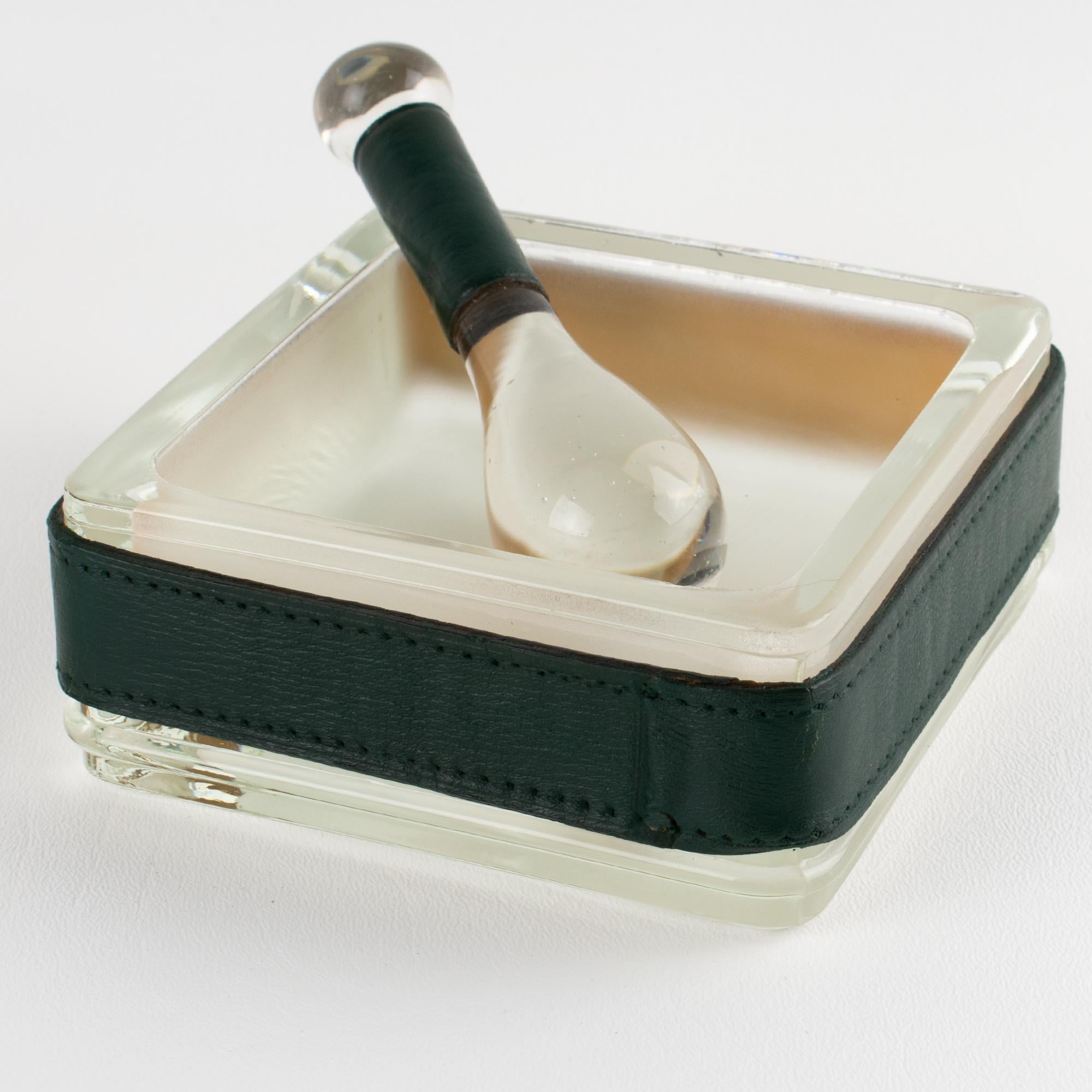 French Jacques Adnet Leather and Molded Glass Ashtray Catchall Desk Tidy, circa 1950 For Sale