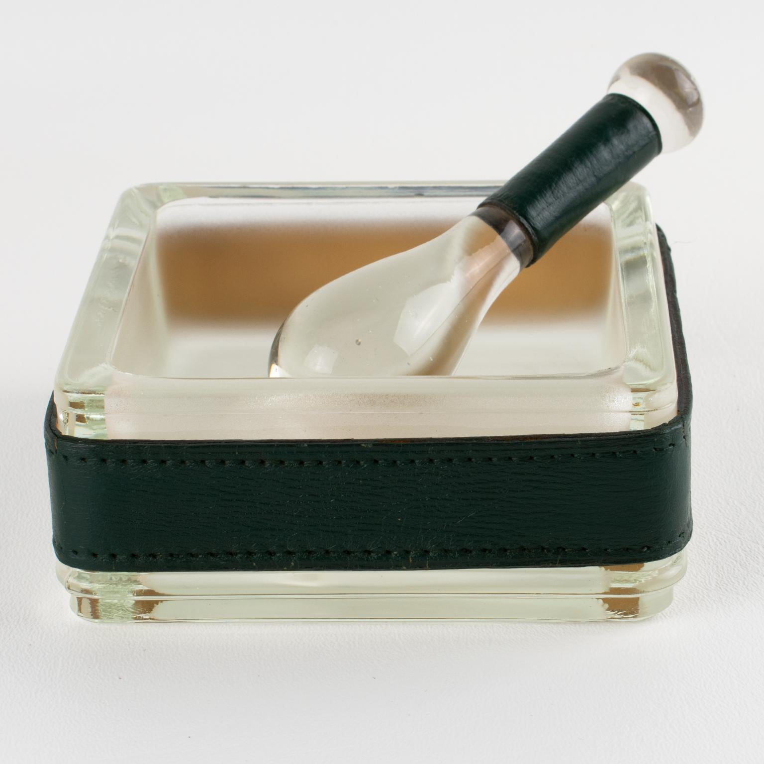 Jacques Adnet Leather and Molded Glass Ashtray Catchall Desk Tidy, circa 1950 In Good Condition For Sale In Atlanta, GA