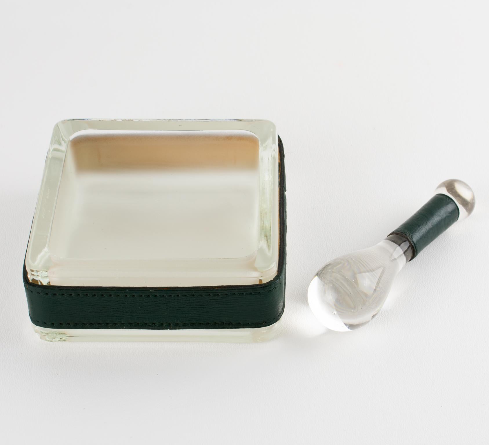 Mid-20th Century Jacques Adnet Leather and Molded Glass Ashtray Catchall Desk Tidy, circa 1950 For Sale
