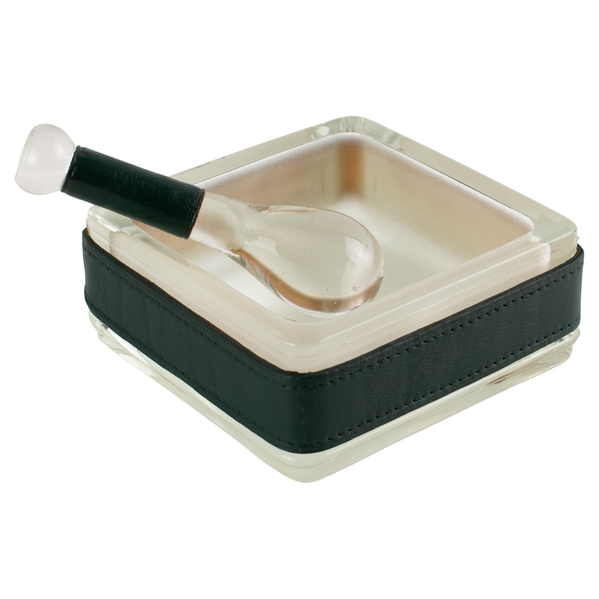 Jacques Adnet Leather and Molded Glass Ashtray Catchall Desk Tidy, circa 1950 For Sale