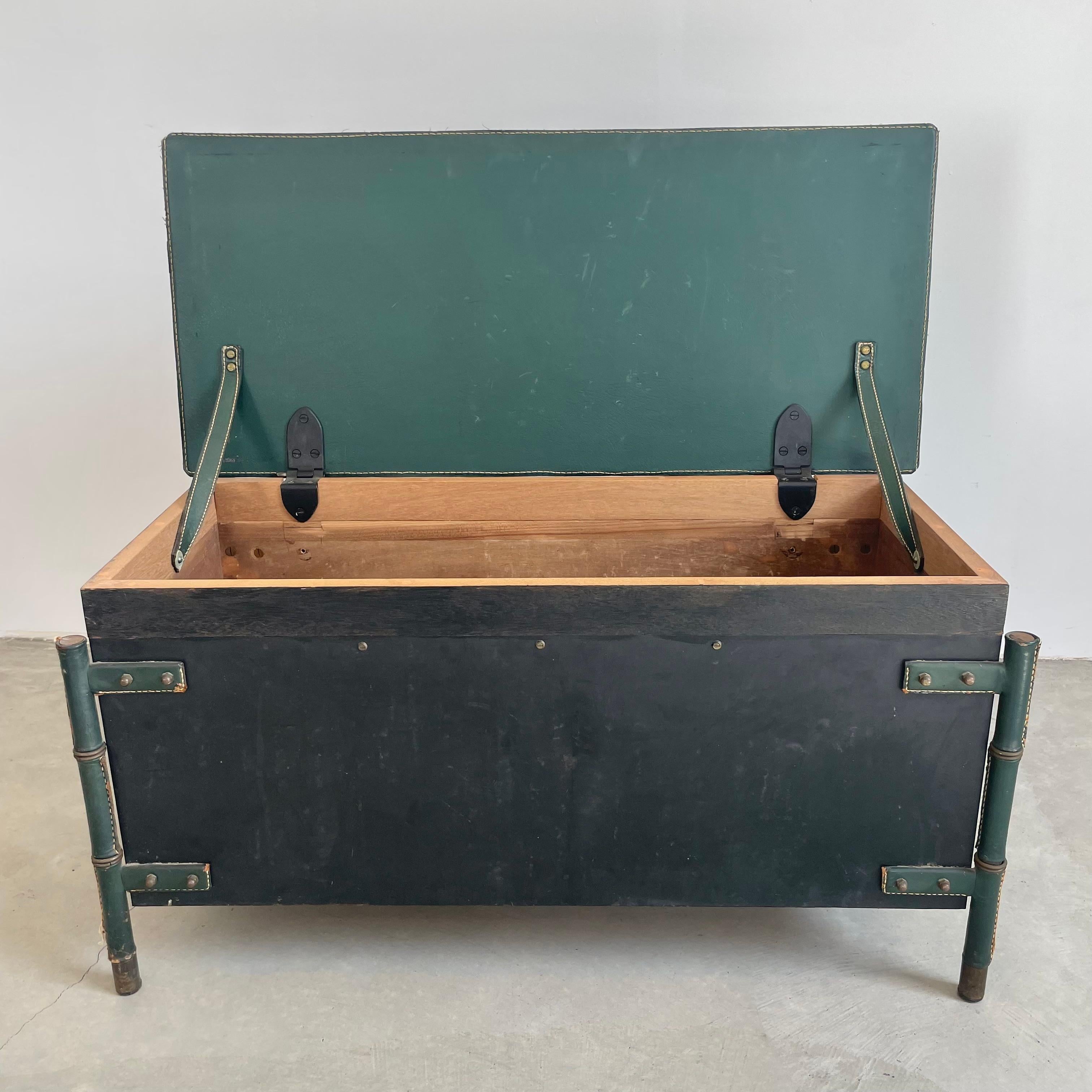 French Jacques Adnet Leather and Oak Bench / Storage Chest, 1950s For Sale