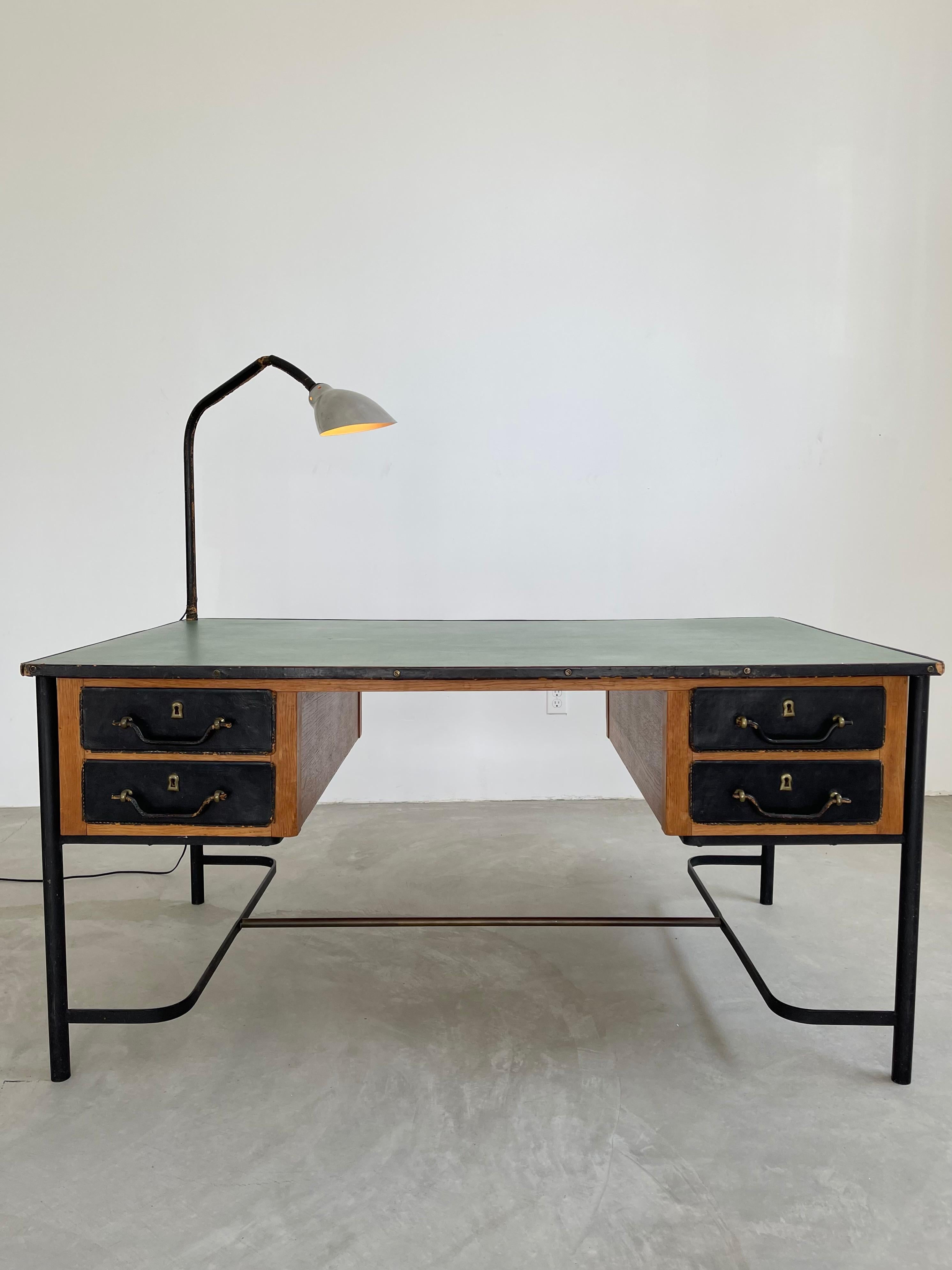 French Jacques Adnet Leather and Oak Desk, 1950s France For Sale