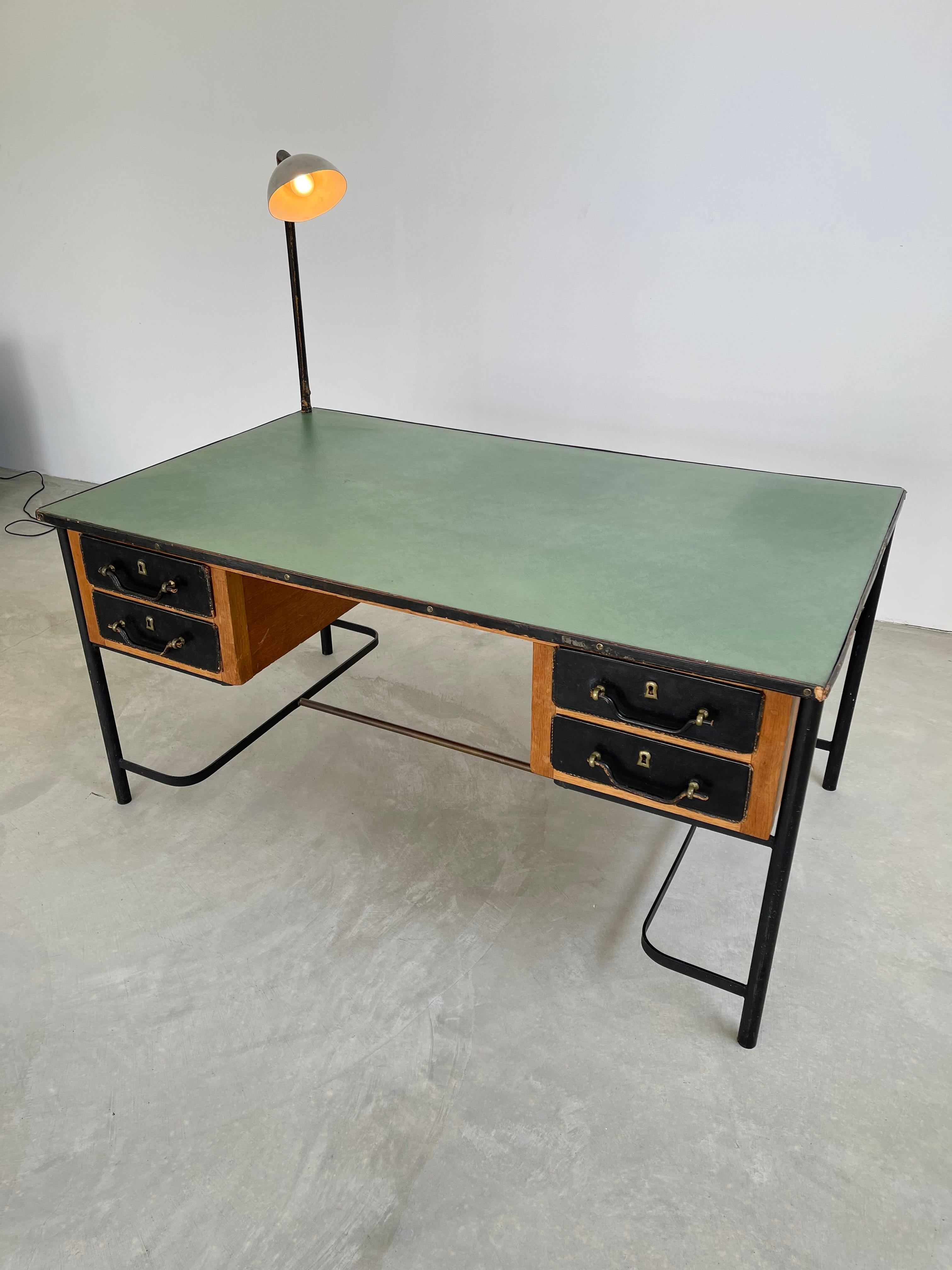 French Jacques Adnet Leather and Oak Desk, 1950s France For Sale
