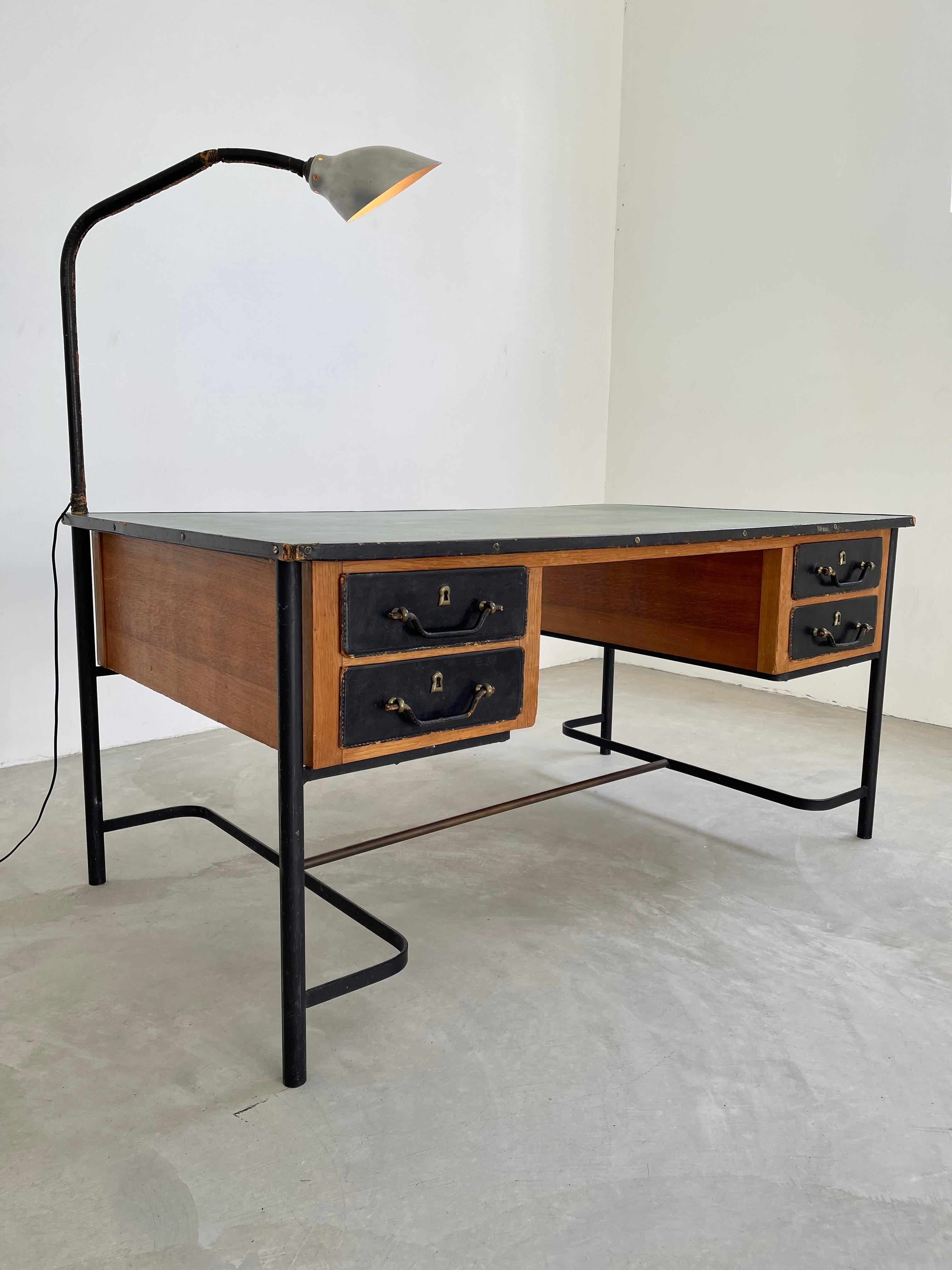 Jacques Adnet Leather and Oak Desk, 1950s France In Good Condition For Sale In Los Angeles, CA