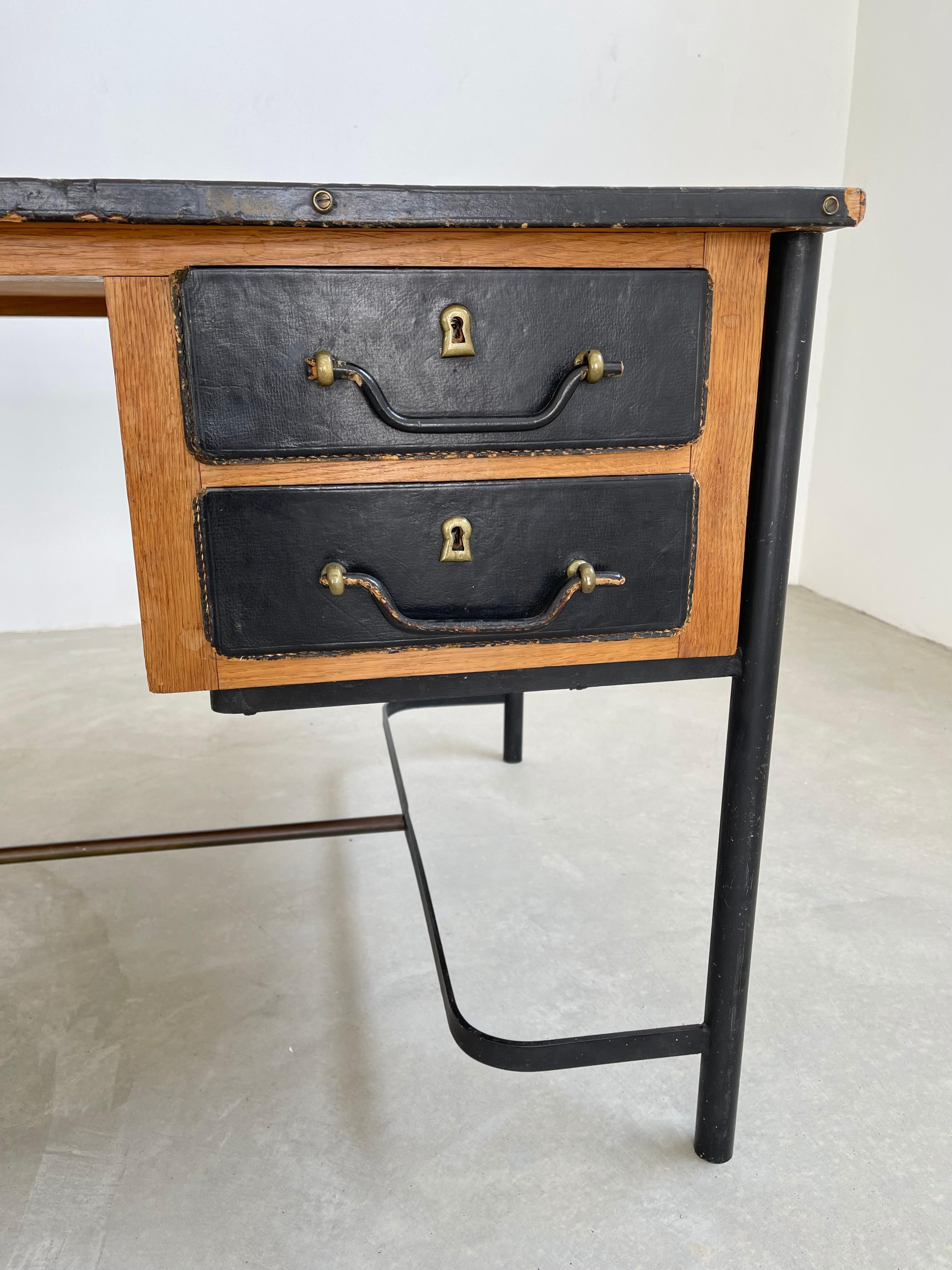 Brass Jacques Adnet Leather and Oak Desk, 1950s France For Sale