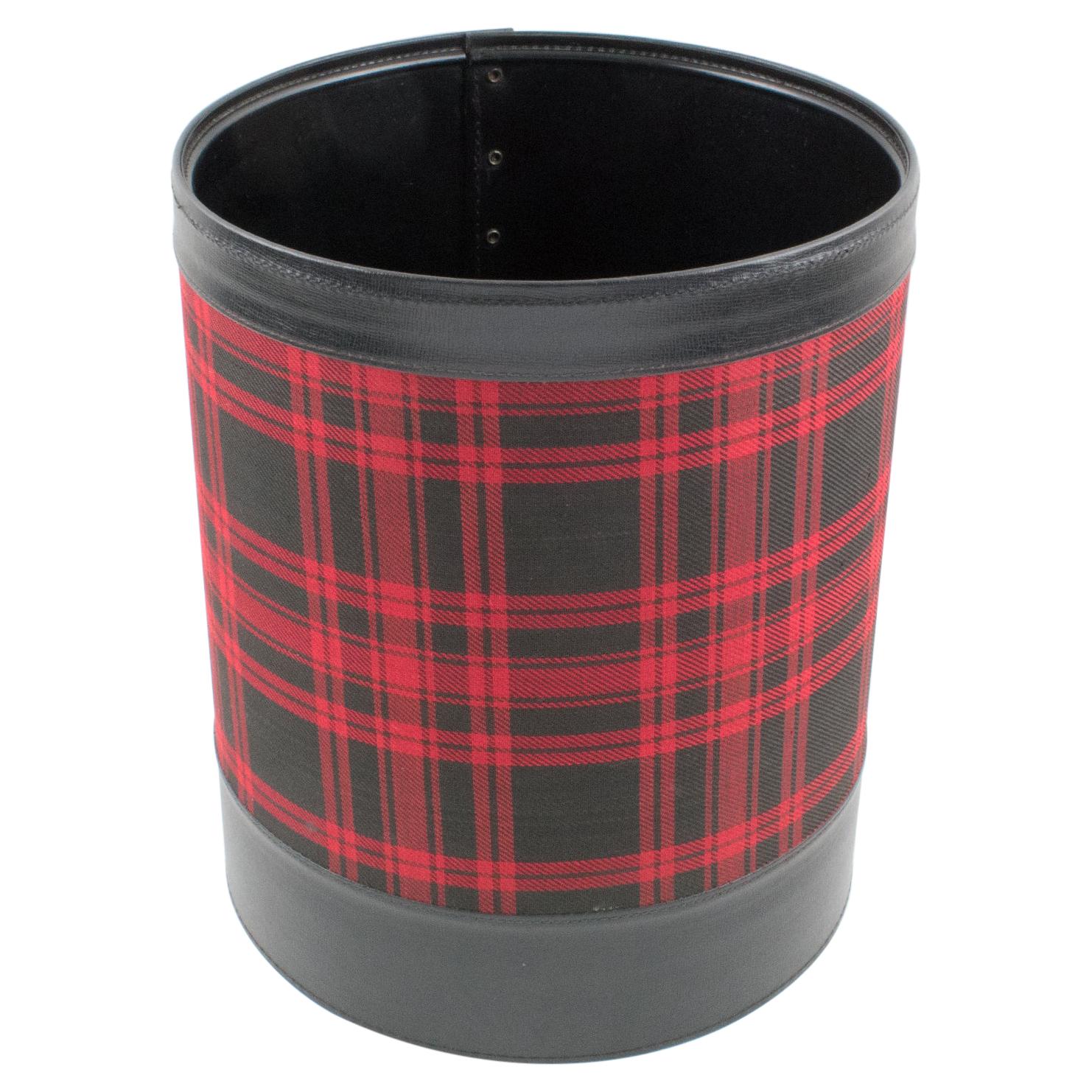 Jacques Adnet Leather and Plaid Desk Office Paper Waste Basket