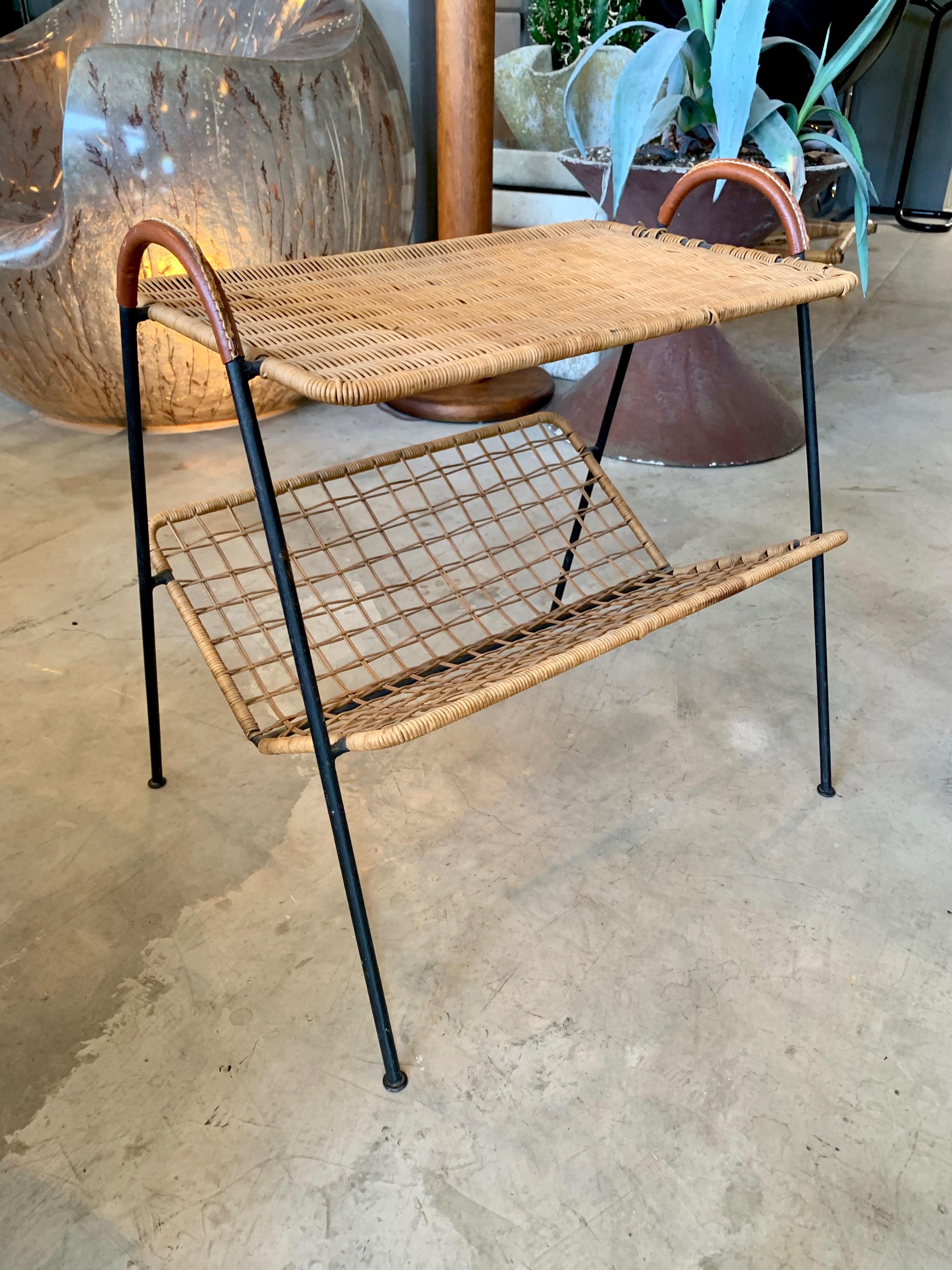 French Jacques Adnet Leather and Wicker Side Table